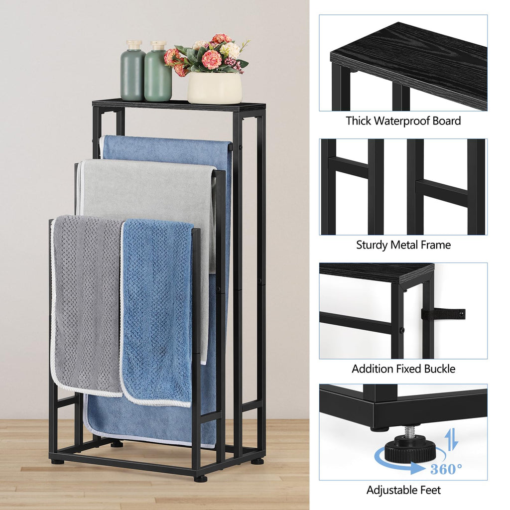 Freestanding Towel Rack 3 Tier Towel Drying Rack for Bathroom Standing Hand Towel Holder Black Towel Rack Stand with Storage Shelf for College Dorm Pool Side (Black)