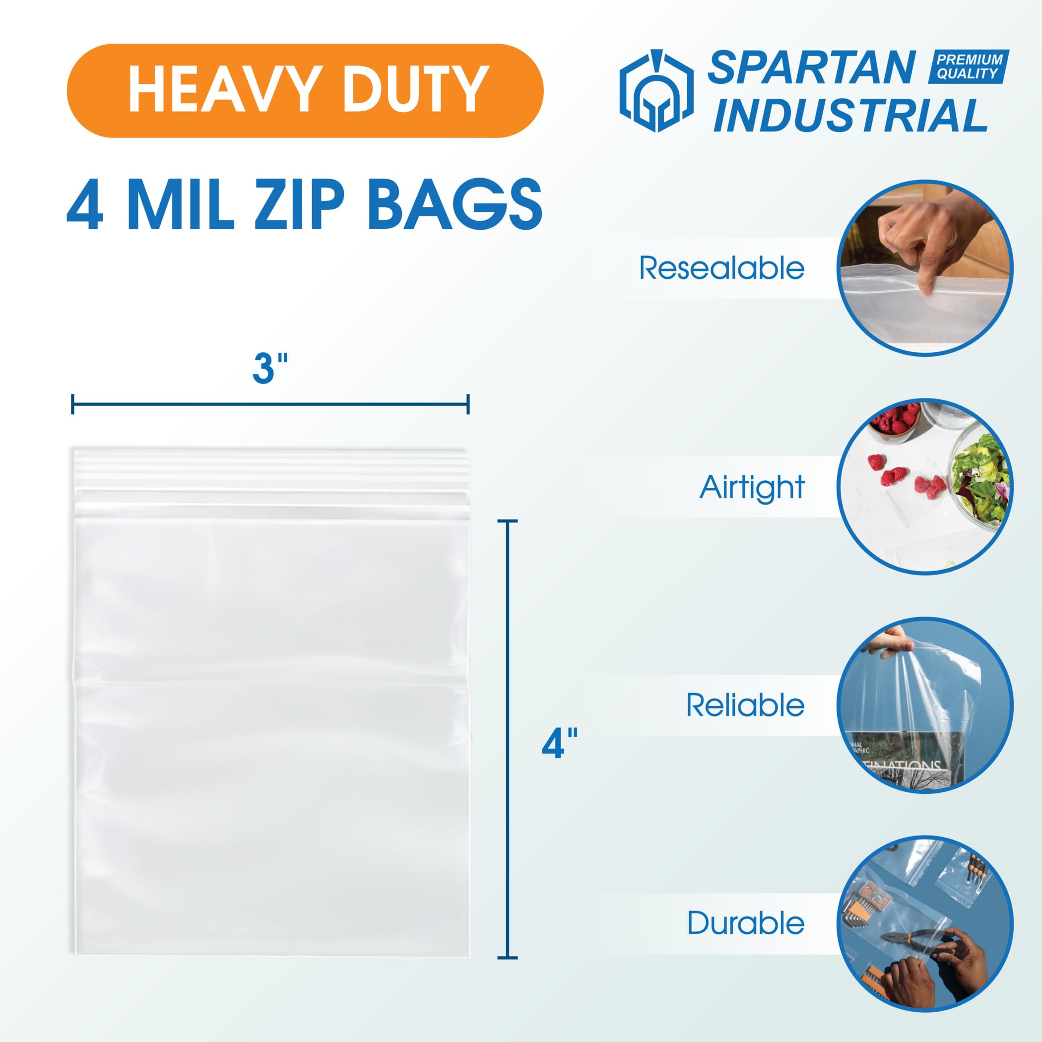 Spartan Industrial - 3” X 4” (1000 Count) 4 Mil Thick Clear Reclosable Zip Plastic Poly Bags with Resealable Lock Seal Zipper - Heavy Duty and Durable