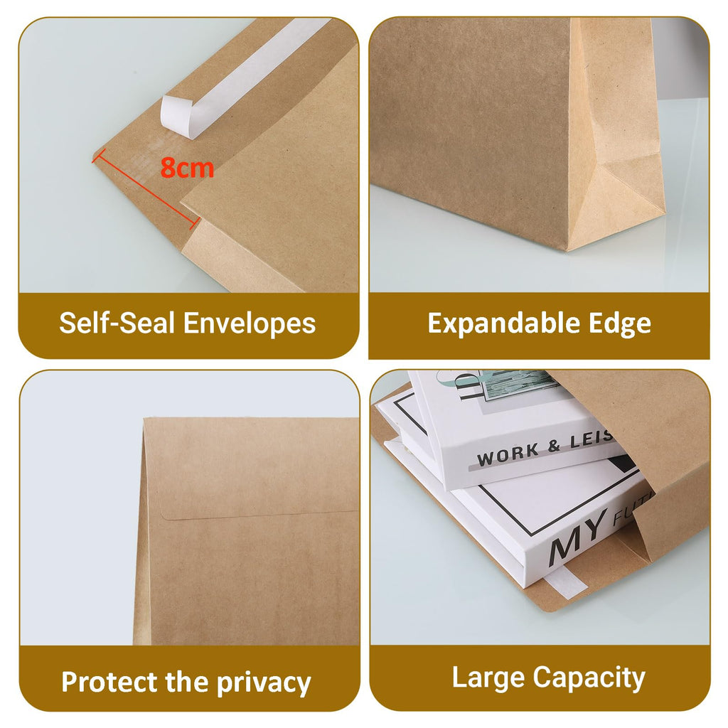 zmybcpack 25 Pack 10" x 15" Self Seal Expandable Catalog Envelopes, Large Kraft Document Envelopes for Documents, Magazines, Photos