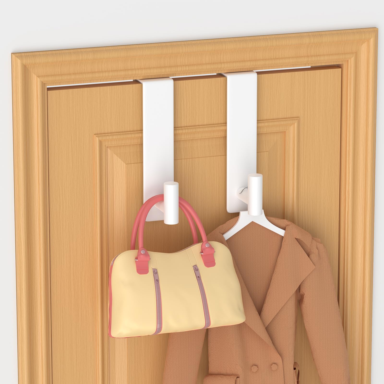 PMMASTO Over The Door Hooks 2-Pack, Rustproof Stainless Steel Door Hanger with Non-Slip Pads for Towels Coats Wreath Bathroom Kitchen Entryway Office (White, Fits 1-3/4" Thick Door-T Shape)