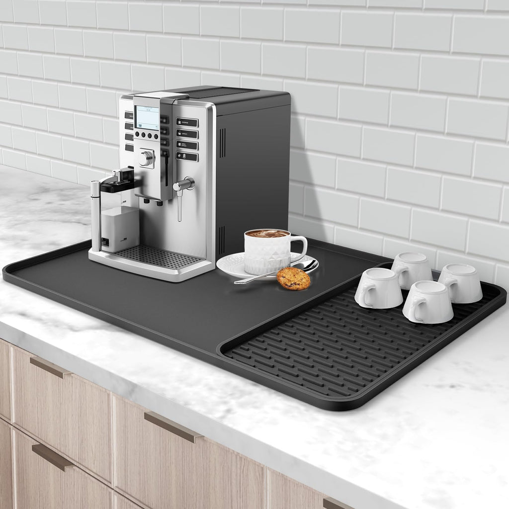 Silicone Coffee Mat,24''x16'' Coffee Bar Mat with Detachable Dish Drying Mat for Kitchen Countertops,Coffee Bar Accessories Fit Under Coffee Maker Coffee Machine Coffee Pot Espresso Machine Dish Rack
