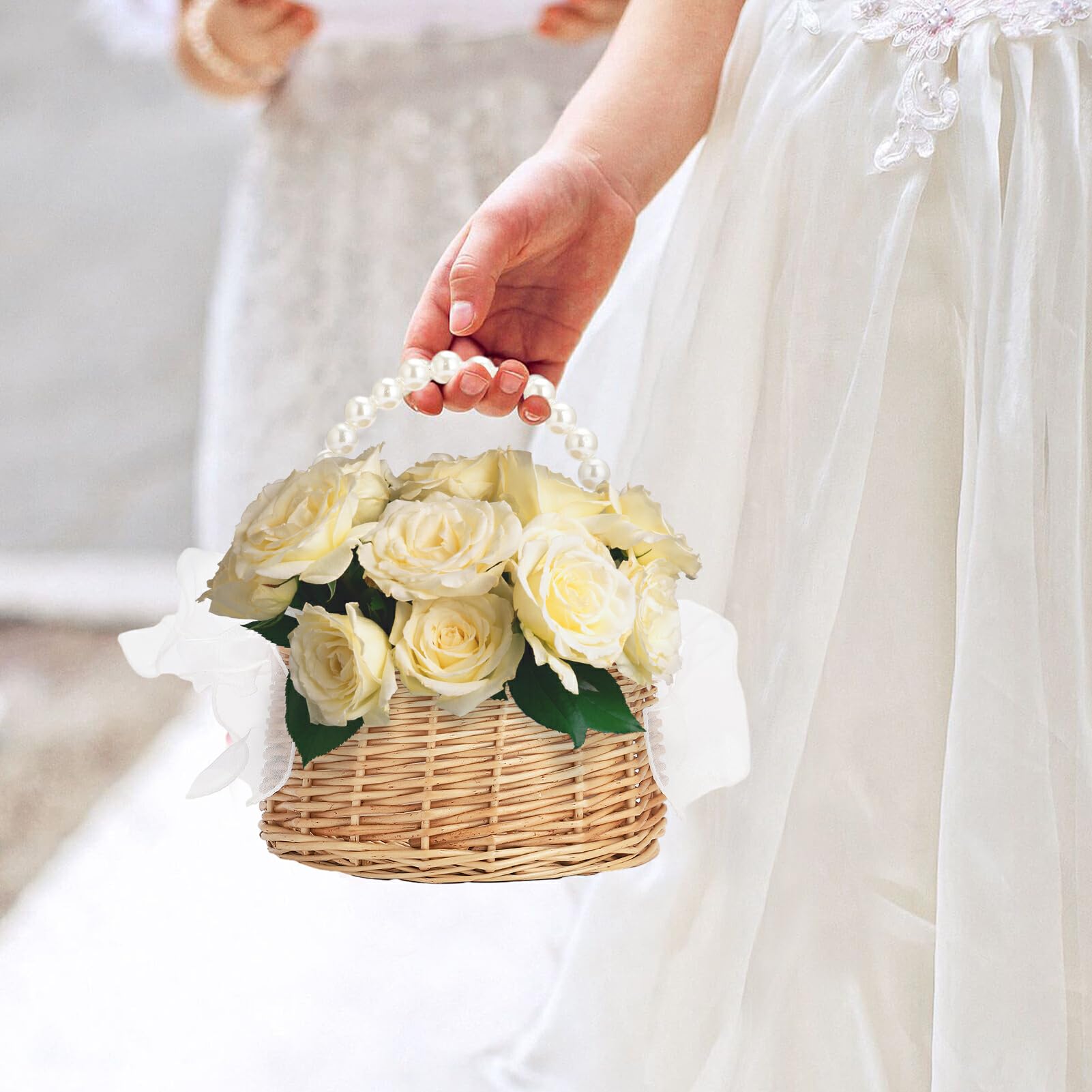 Wicker Rattan Flower Girl Basket Set of 2 Rustic Wedding Flower Girl Basket with Pearl Handle Small Flower Basket for Flower Girl Fairy Wedding Basket Handwoven Easter Baskets for Boys Girls Wedding