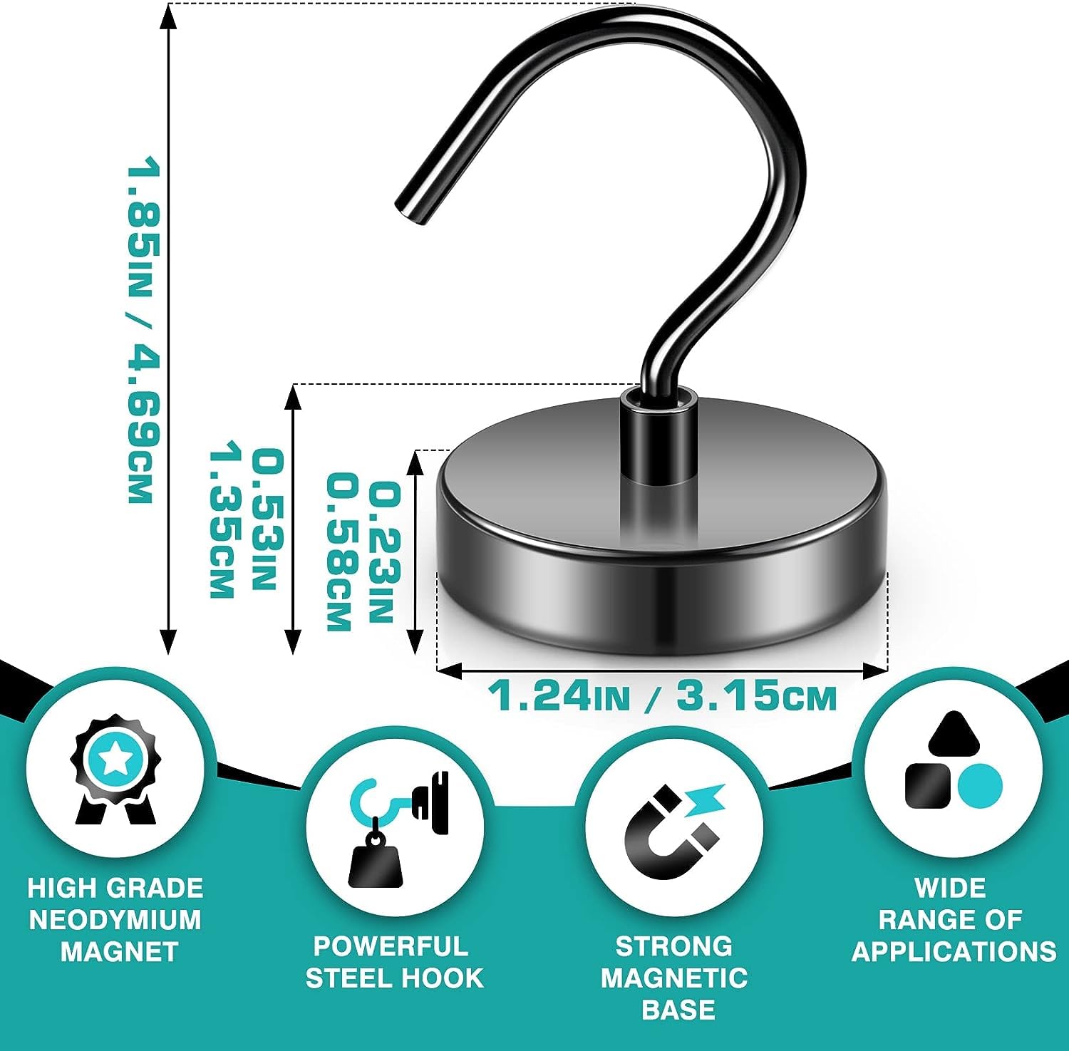 10Pack Black Magnetic Hook, 110LBS Heavy Duty Strong Neodymium Magnetic Hooks, Magnet Hook for Curtain, Refrigerator Magnet Hooks，for Home, Kitchen, Workplace (32mm)