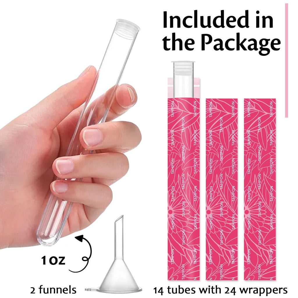 40 Pcs Tampon Flask Set,Includes 14 Pcs 1oz Reusable Plastic Tube Flasks for Women Flask Containers 24 Pcs Tampon Reusable Wrappers Funnels for Cruise Event