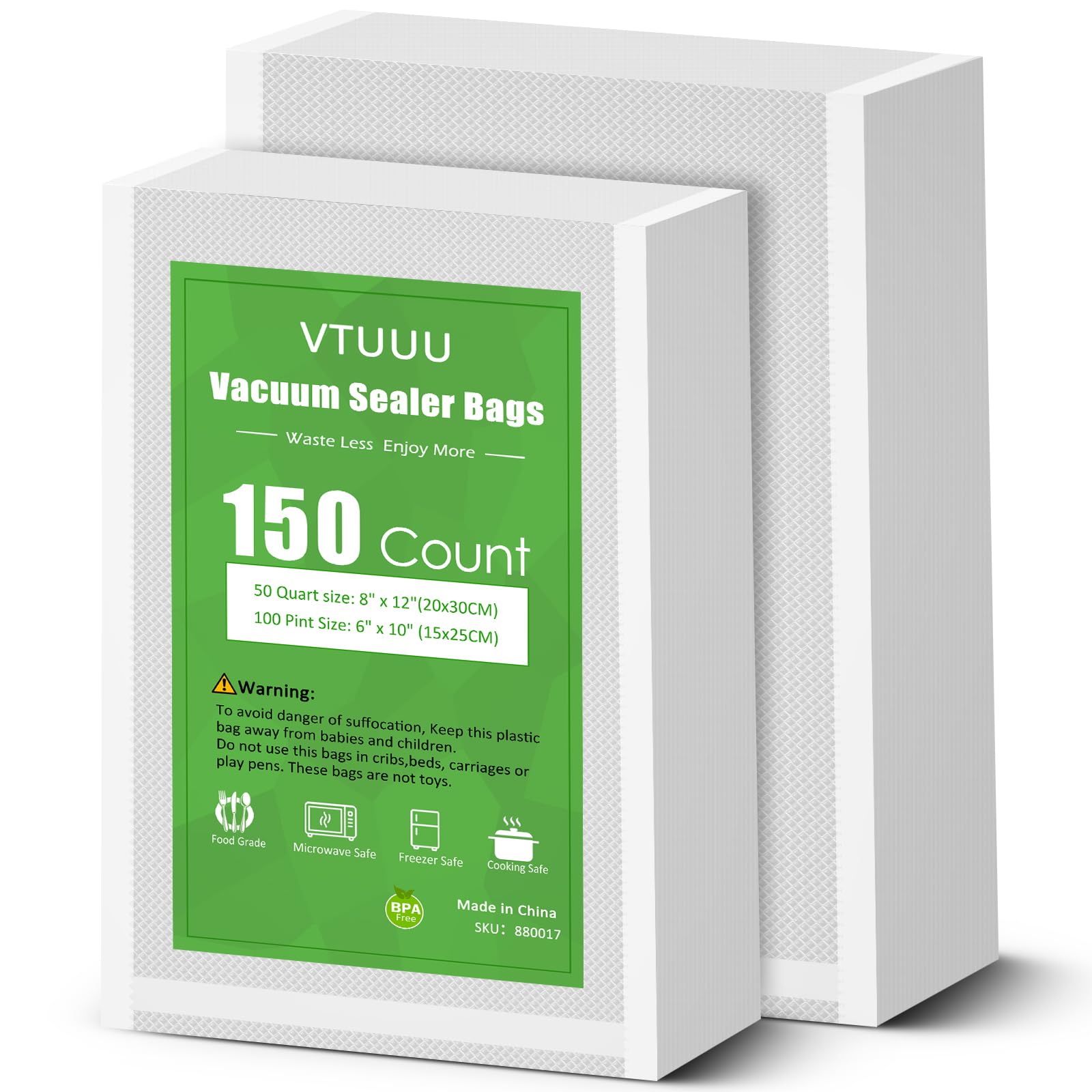 Vacuum Sealer Bags 100 Size Pint 6" x 10" and 50 Quart size 8" x 12" for Food Saver Vacuum Sealer Bags Commercial Grade Food Saver bags- BPA-Free -Heavy Duty-VTUUU