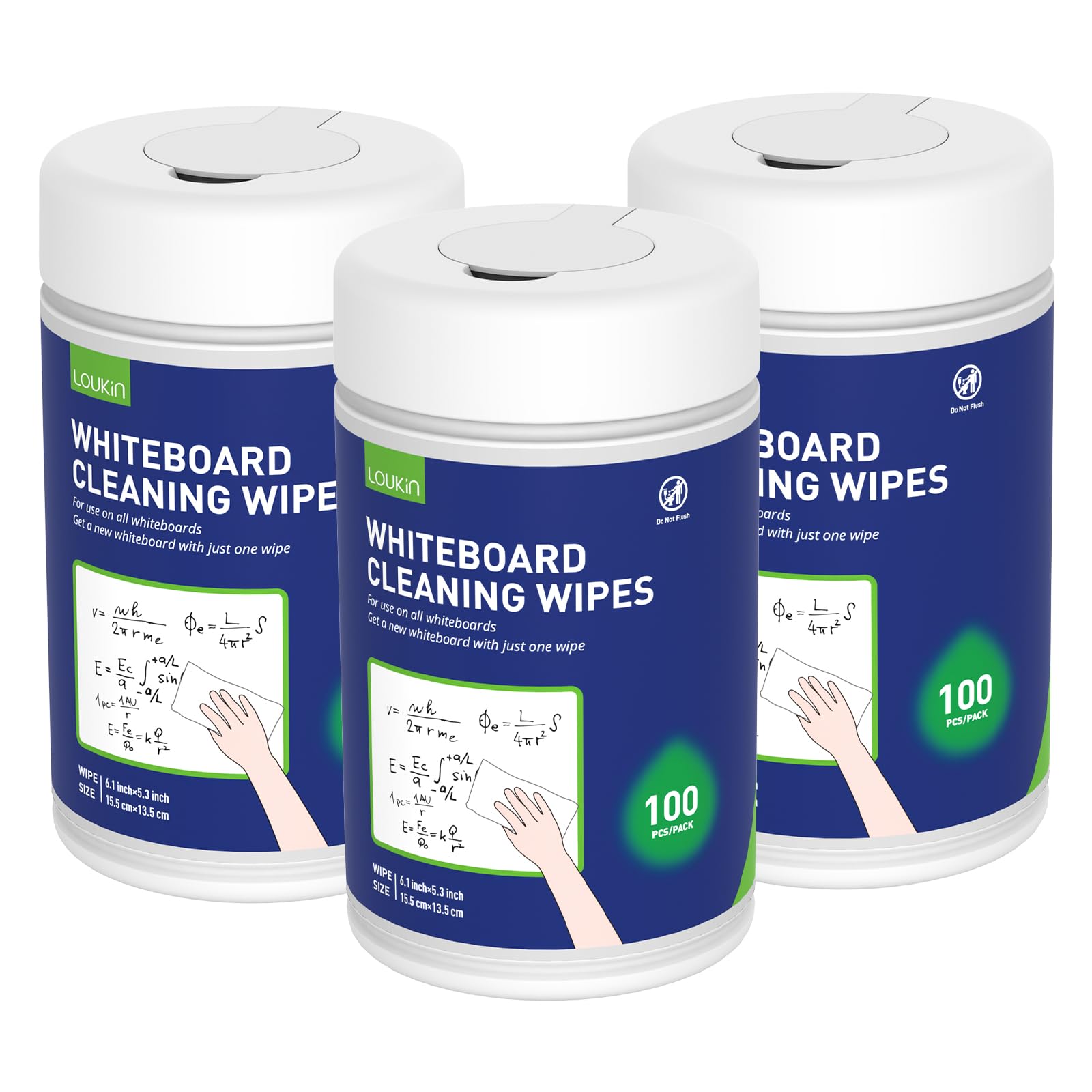 Loukin Whiteboard Cleaning Wipes, Dry Erase Board Cleaning Wipes, Non-Toxic Whiteboard Wipes, 100 Wipes per Canister, 3 Packs