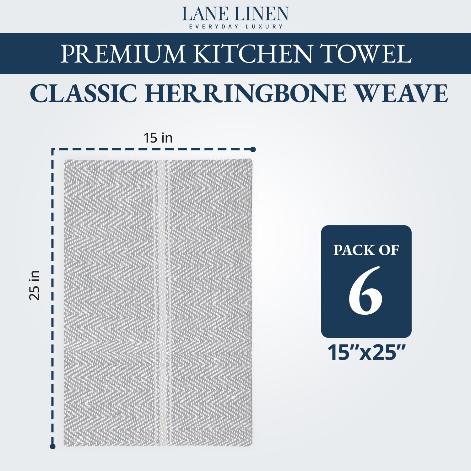 Kitchen Towel Set - 100% Cotton Towels, Reusable Dish Cloths, Grey Dish Towels for Kitchen, Soft Absorbent Tea Towels, Durable Hand Towels, 14” x 25” - 6 Pack