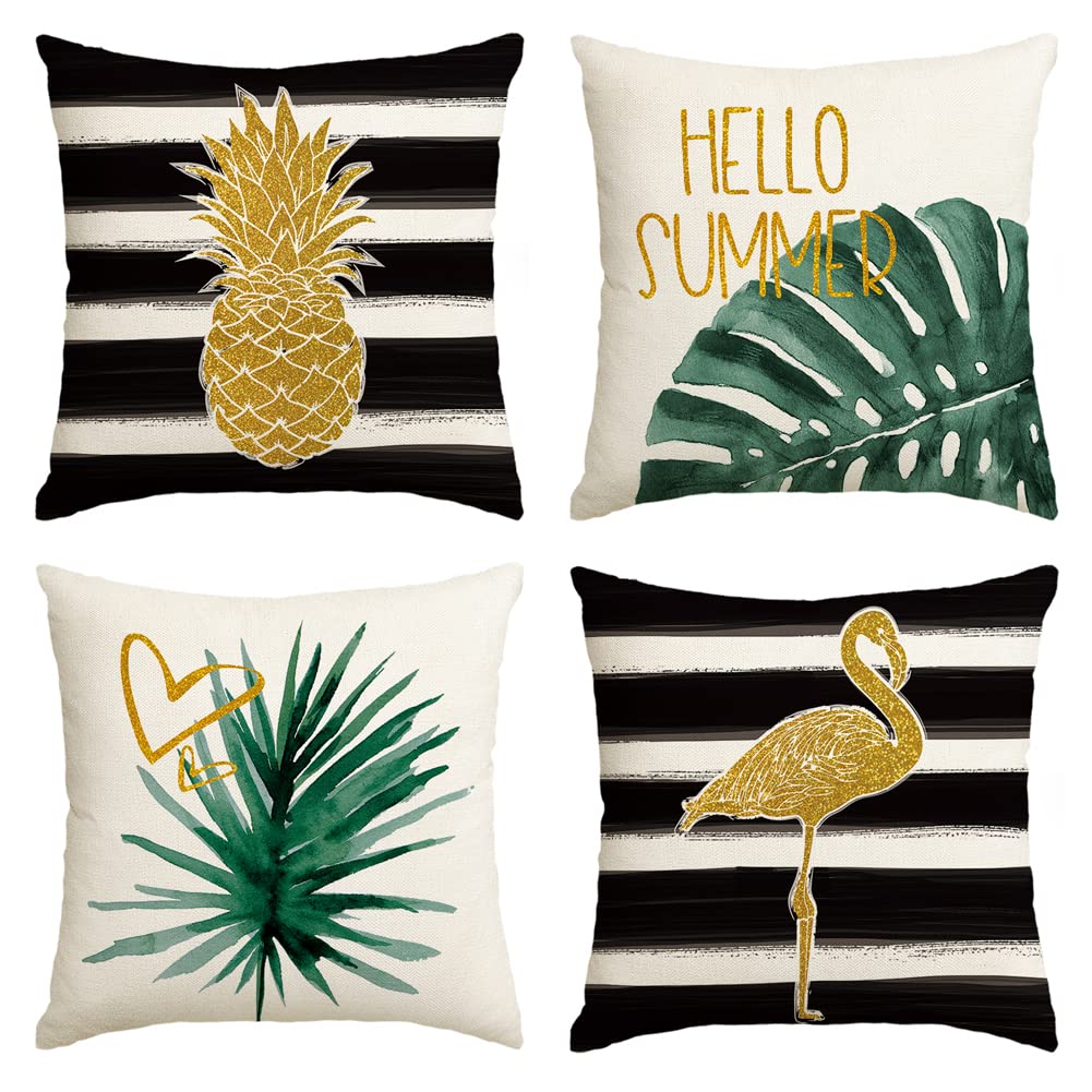 AVOIN colorlife Watercolor Stripes Tropical Plants Throw Pillow Cover, 18 x 18 Inch Pineapple Flamingo Monstera Cushion Case for Sofa Couch Set of 4