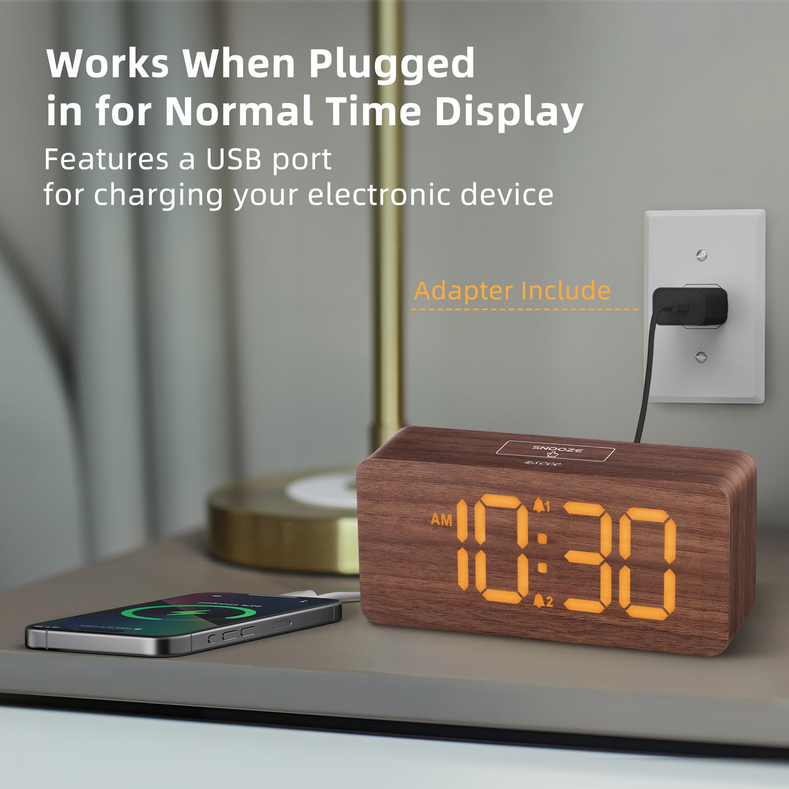 Wooden Digital Alarm Clocks for Bedrooms: Dimmable Dual Alarm Clock with Large Numbers for Bedside Desk - Loud Alarm for Heavy Sleepers with Volume Control - Wood Decor & Gifts