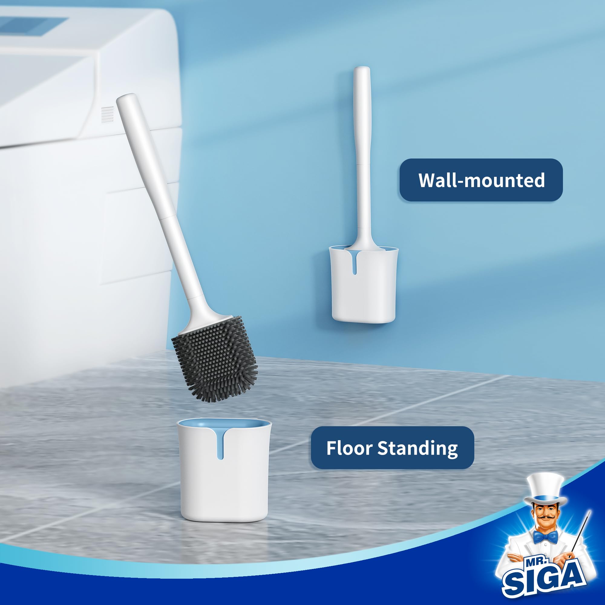 MR.SIGA Toilet Brush and Holder Set, Wall Mounted, Compact, White, 1 Pack