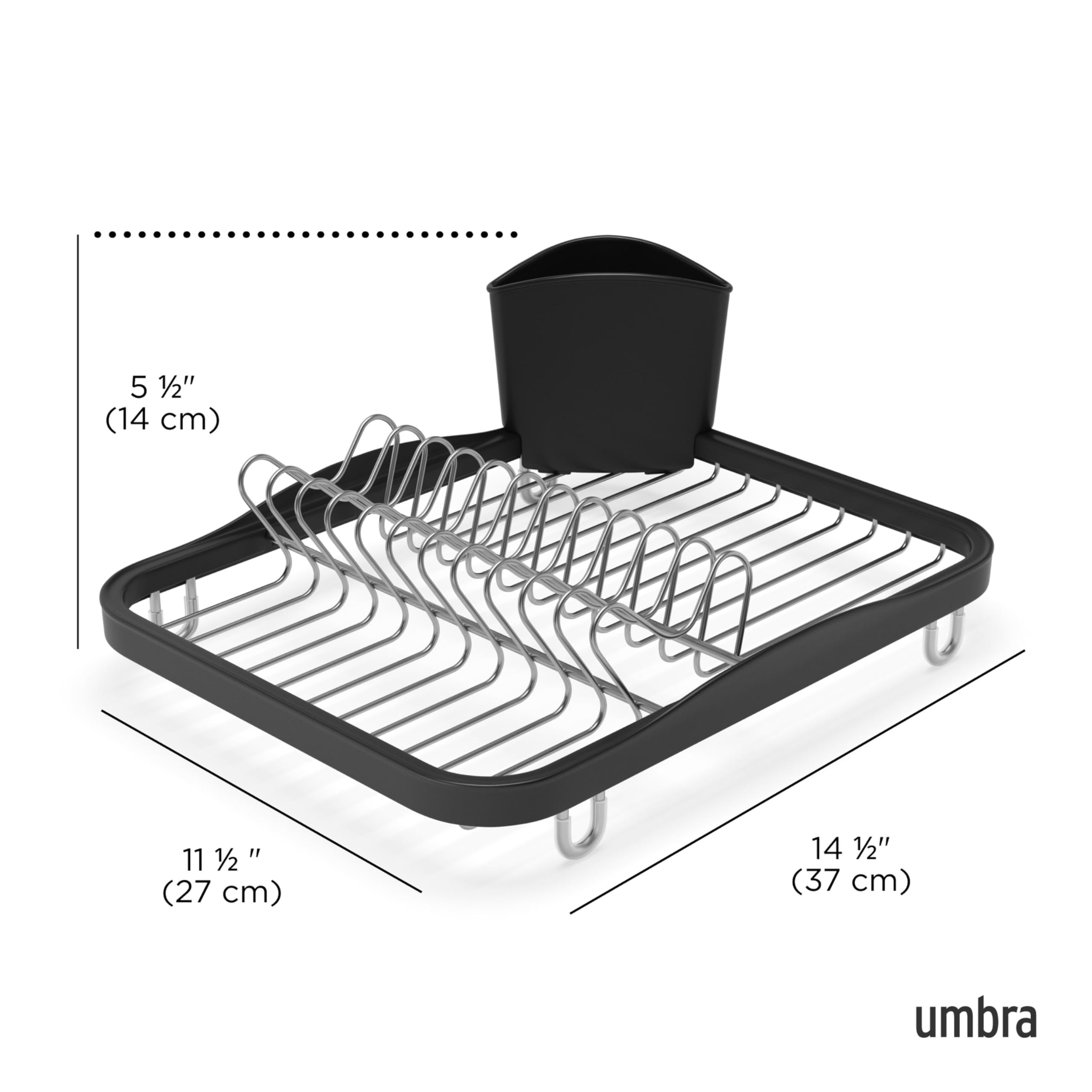 Umbra Sinkin Dish Drying Rack – Drainer Caddy with Removable Cutlery Holder – Use in Sink or On Counter, Standard, Black/Nickel