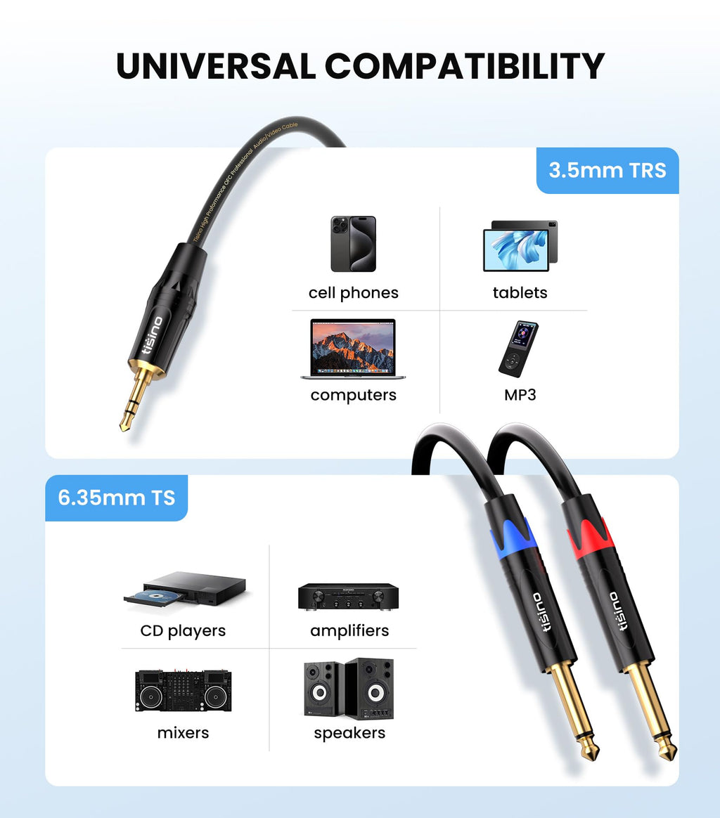 TISINO 1/8 to 1/4 Stereo Cable, 1/8 Inch TRS Stereo to Dual 1/4 inch TS Mono Y-Splitter Cable 3.5mm Aux Mini Jack to Jack Breakout Cord for Smartphone, CD Player, Speakers, Amplifiers - 3.3feet