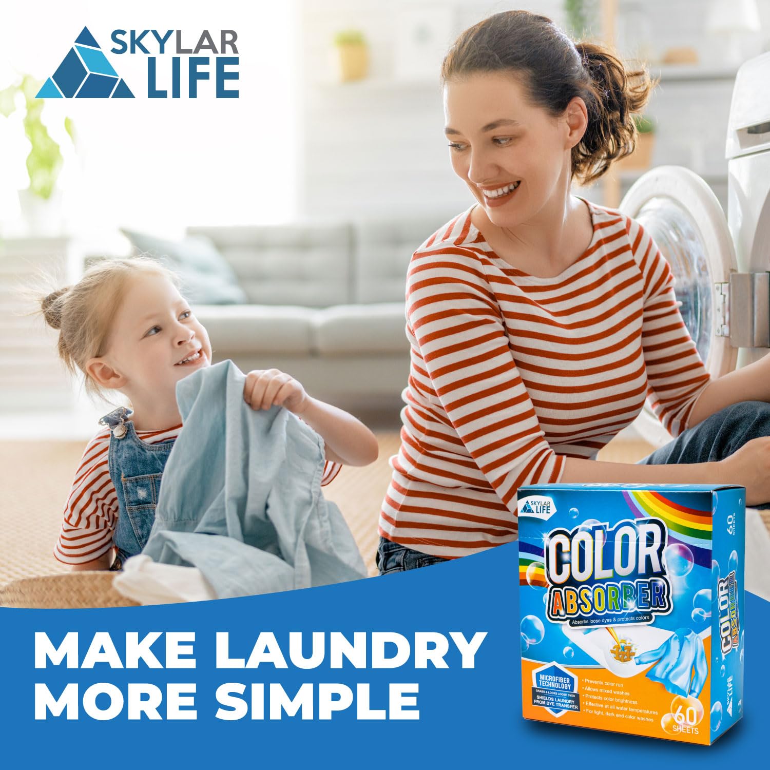 Skylarlife Color Absorber Sheets for Laundry, 60 Count, Prevent Clothes from being dyed, Fragrance Free Dye-Trapping Sheets for Family, Students and Vacationers