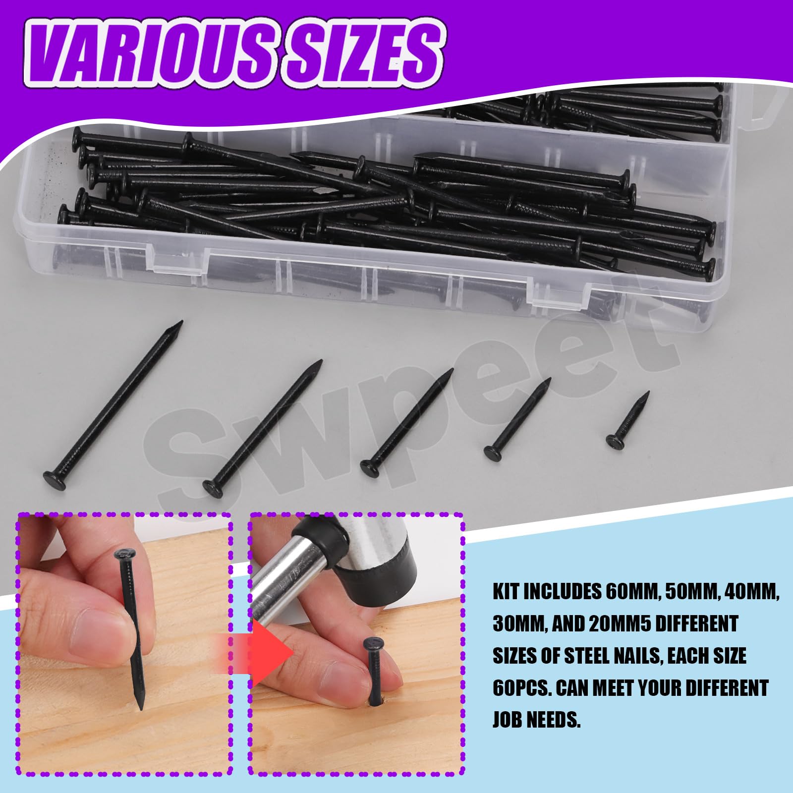 Swpeet 300Pcs 5 Sizes 3/4" 1-1/4" 1-3/5" 2" 2-3/8" Black Hardware Nails Assortment Kit，Steel Nail, Galvanized Nails, Small Nails, Finishing Nails, Wall Nails, Wood Nails, Nails for Concrete Brick