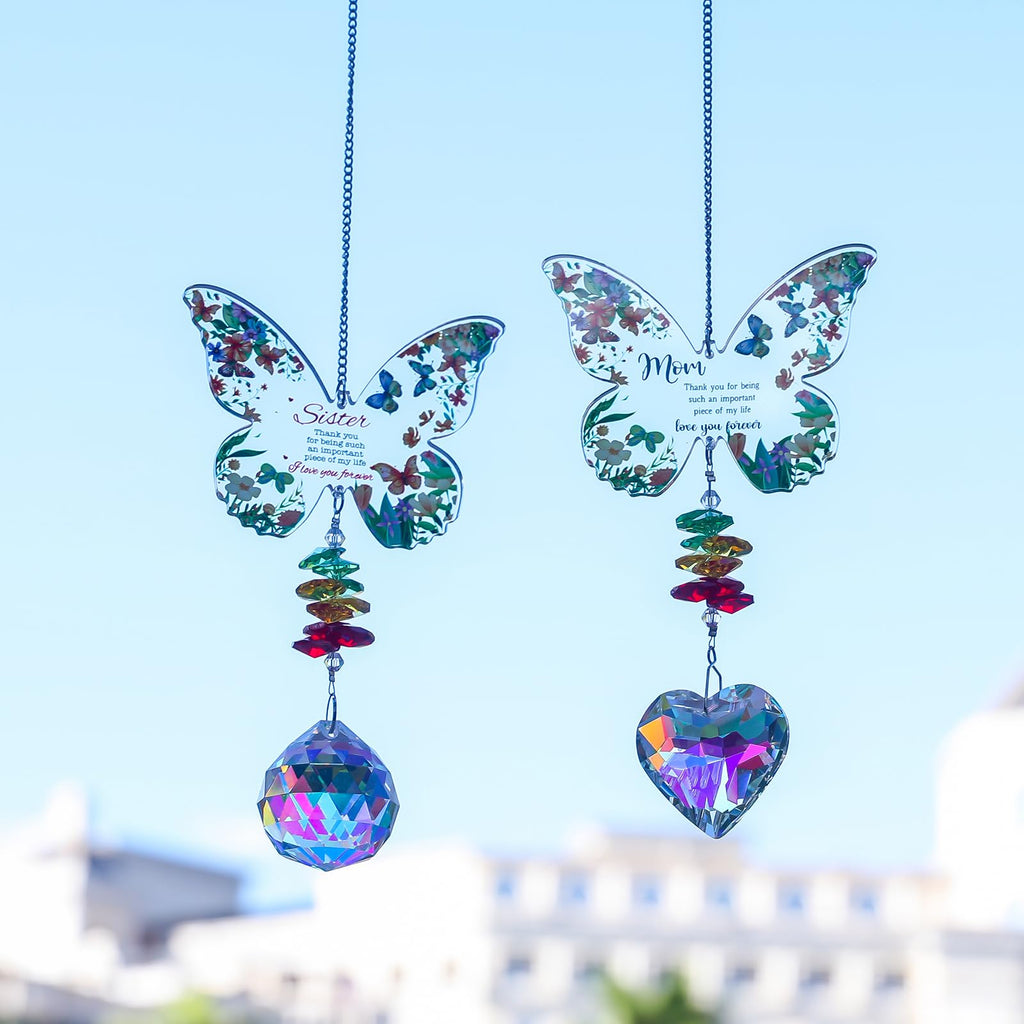 Yimofy Butterfly Crystal Sun Catcher with Grateful Message Sister Christmas Birthday Gifts from Sister Brother, Hanging Crystal Suncatcher Ornament Rainbow Maker for Window Garden Decor