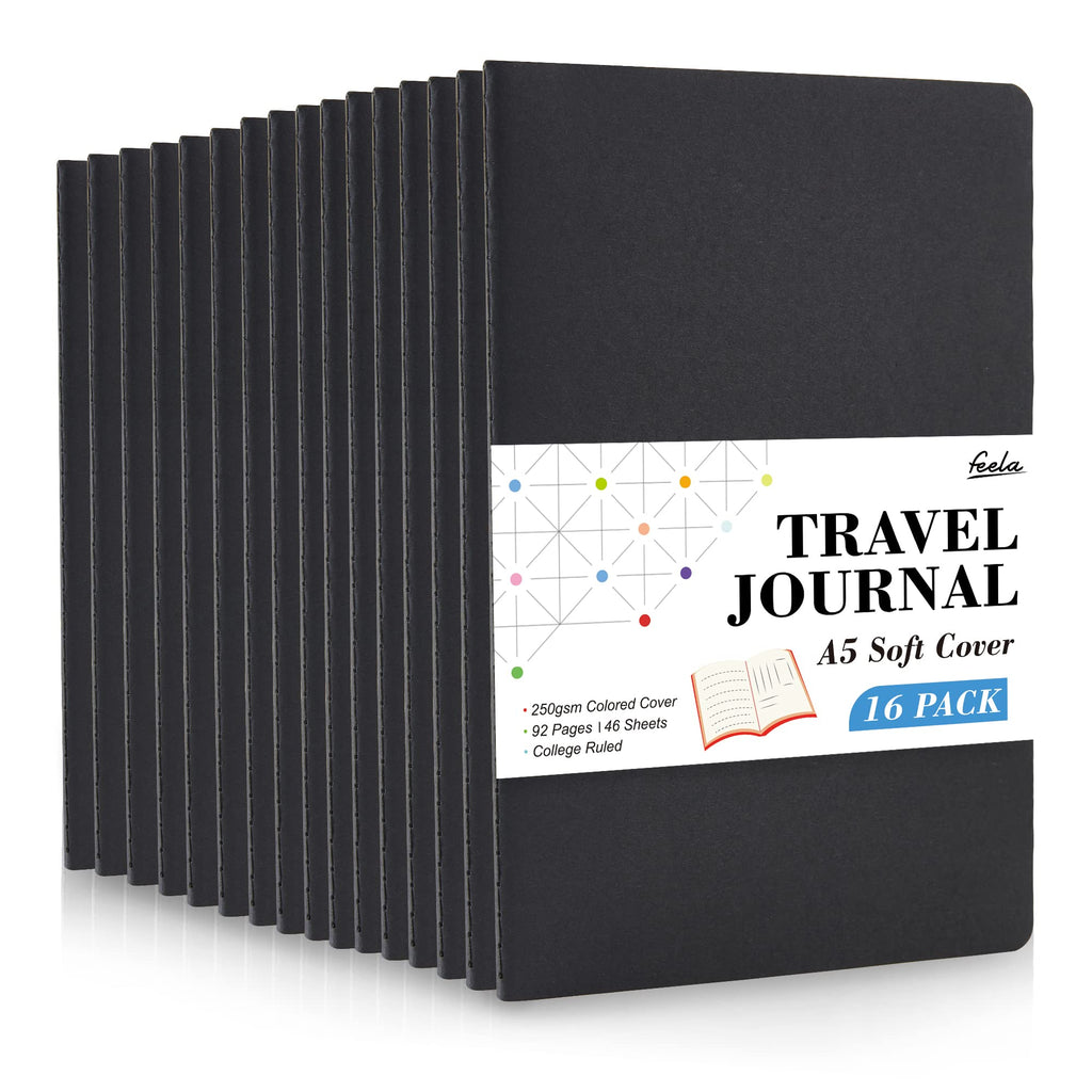 feela 16 Pack Soft Cover Journal Bulk, Lined Notebooks College Ruled for Work for Women Girl Writing, Blank Travel Journal Note Taking Notebook School Business Supplies, 8.2” x 5.5”, A5, Black