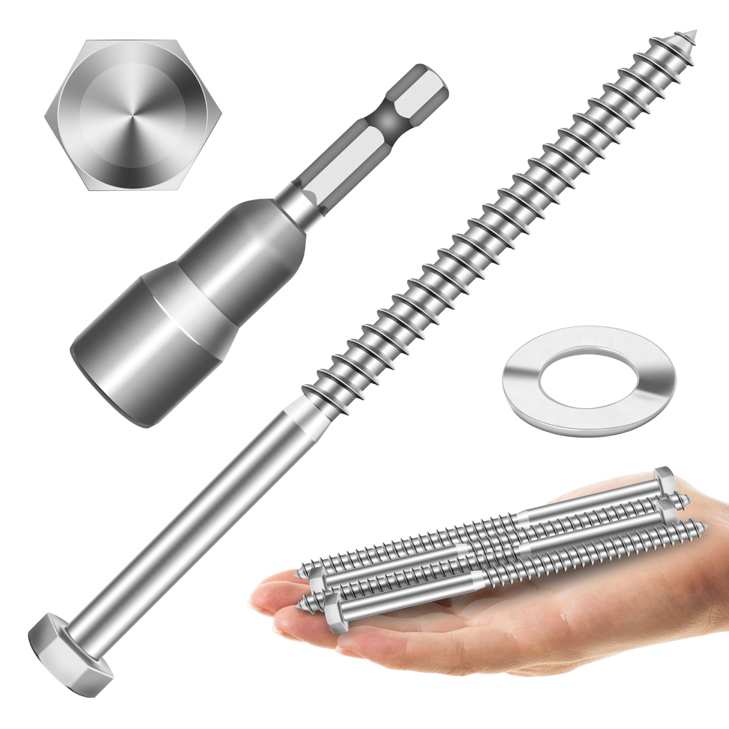 (8Sets) 3/8" x 6" Hex Head Lag Bolts, Heavy Duty Lag Screws with Washers, 304 Stainless Steel Bolts 18-8, Lag Screws Wood Screws, Partial Thread Bright Finish, 3/8 Bolt by Mywish