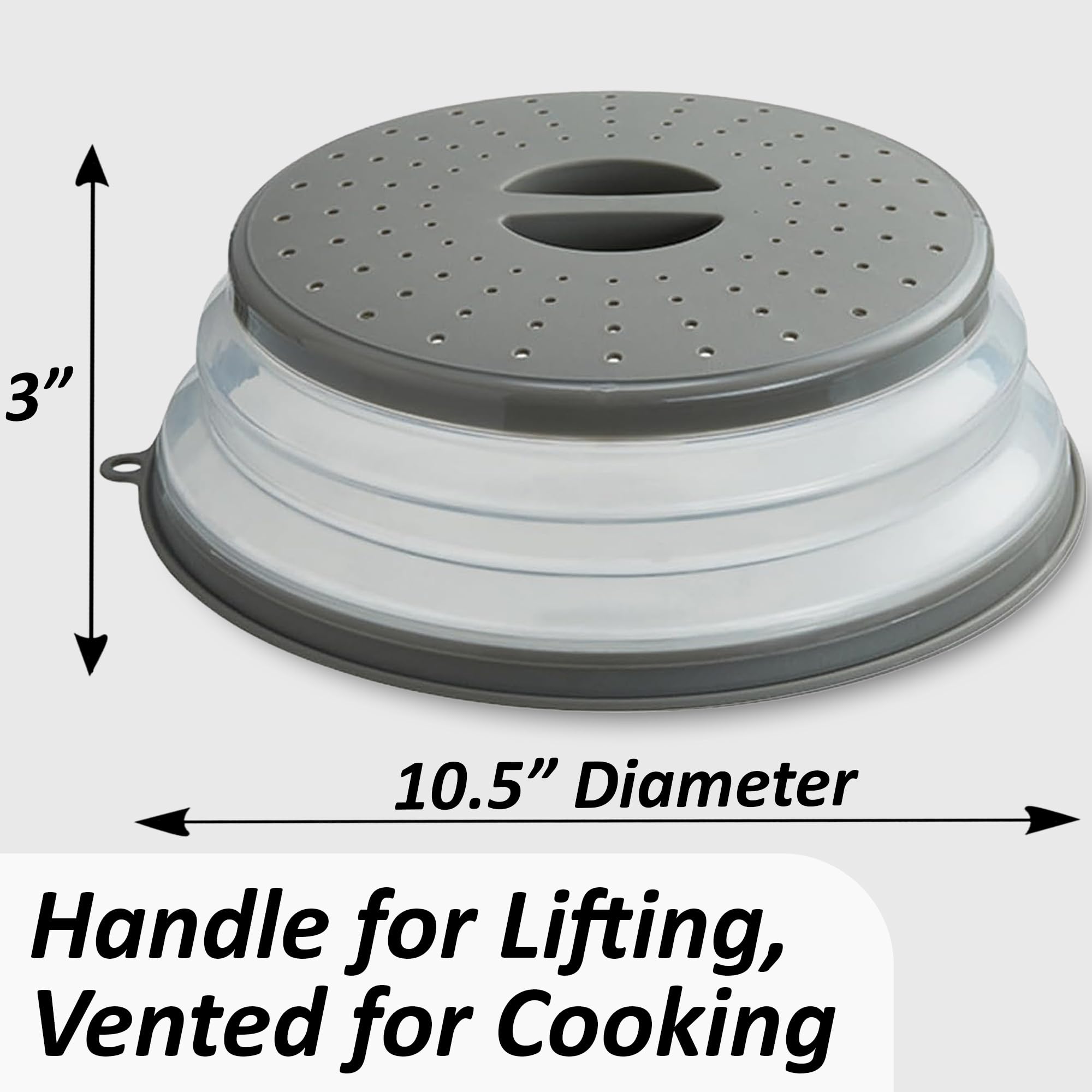Microwave Splatter Cover for Food, Collapsible & Vented Silicone Splatter Guard Lid, BPA Free Plate & Dish Cover with Handle, Colander, Grey