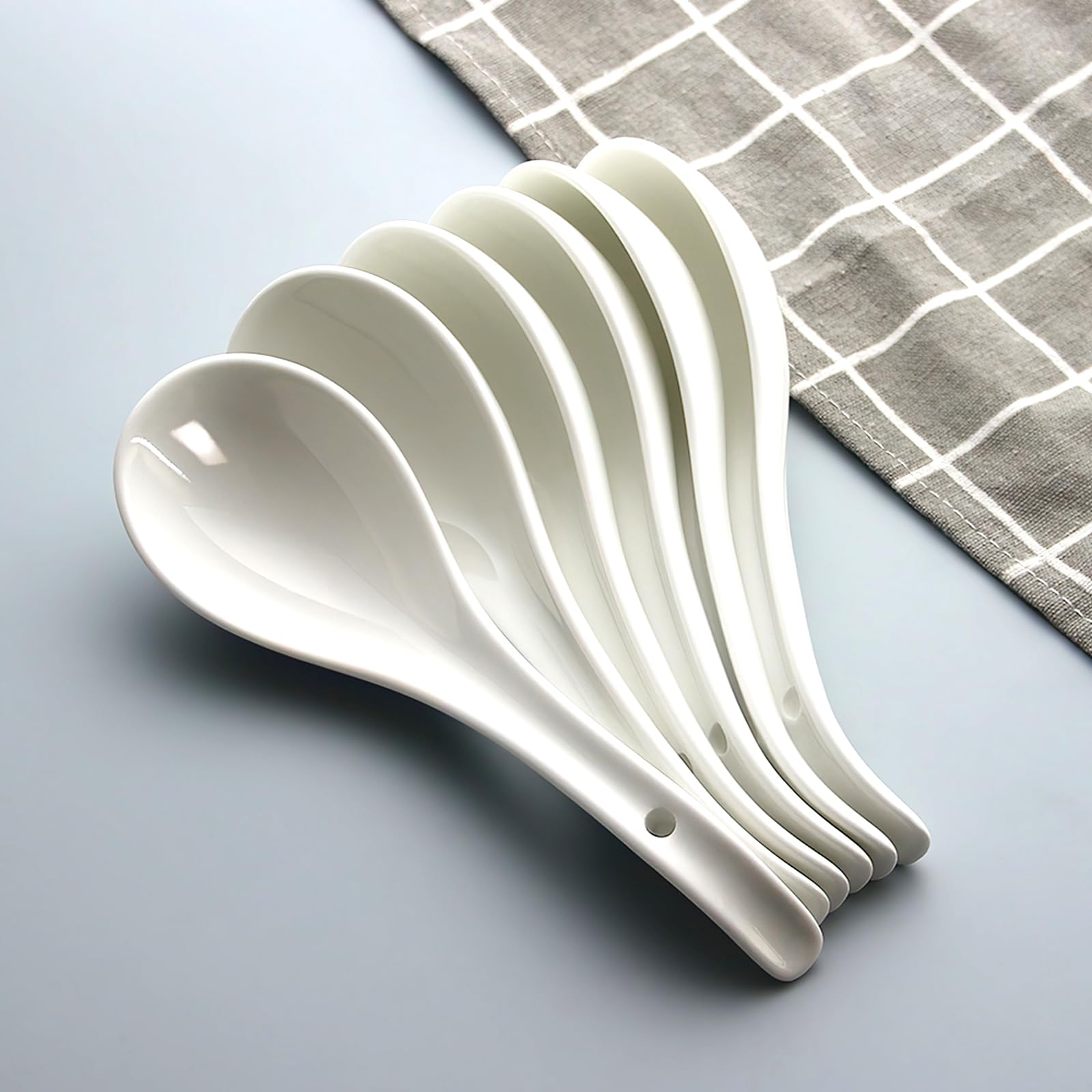 IQCWOOD White Asian Soup Spoons Set of 6, 6.75 inch Porcelain Spoon, Japanese Soup Spoons for Cereal Ramen- Deep Oval Hook Design