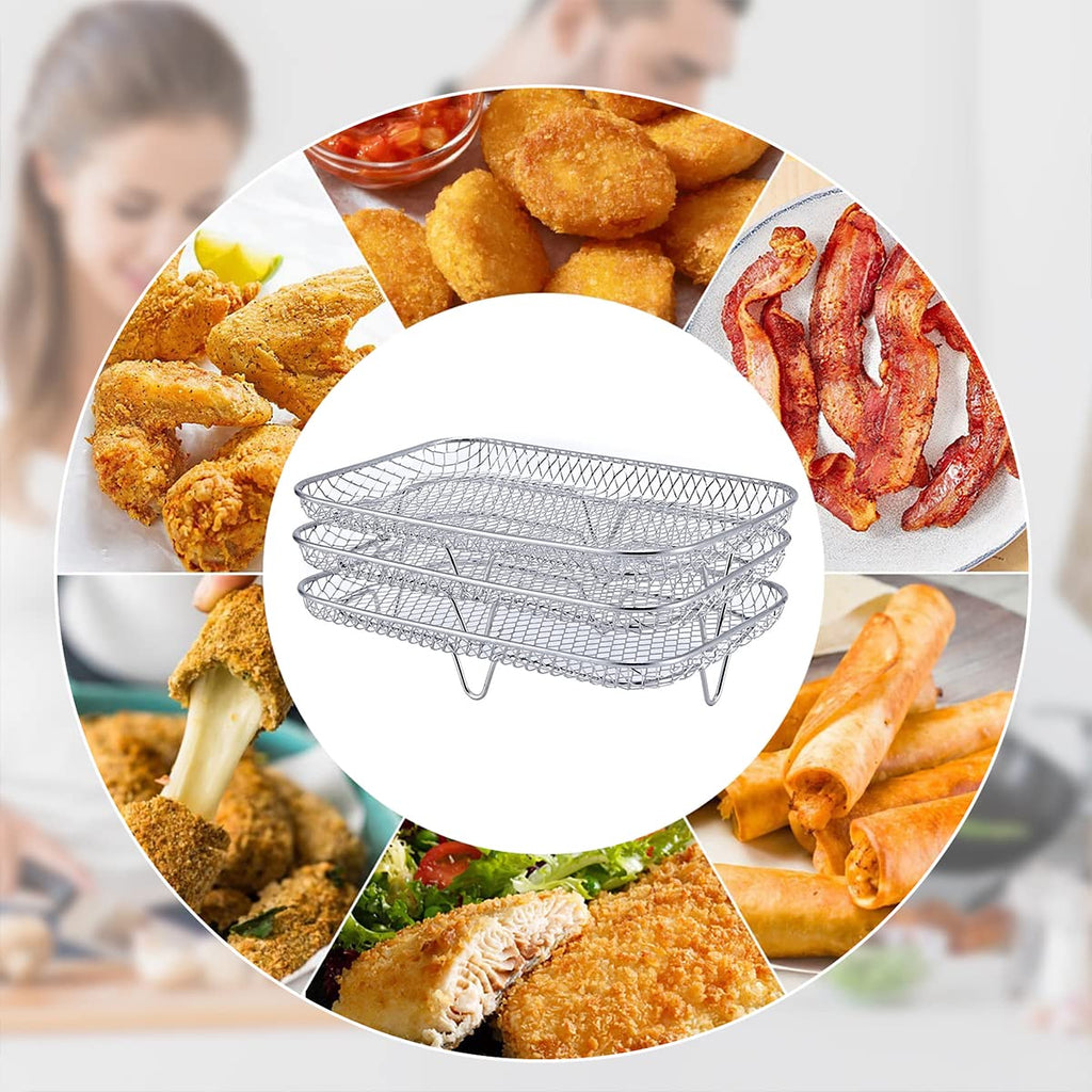 Three Stackable Dehydrator Racks Air Fryer Rack for Ninja Dual Fryer, Air Fryer Accessories 304 Stainless Steel Air Fryer Basket Tray for Oven and Press Cooker Compatible (Rectangle)