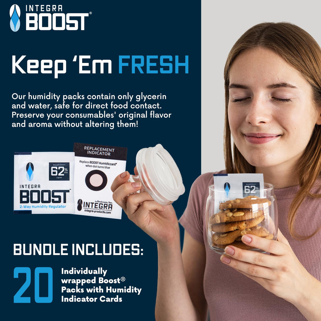 Integra Boost 2-Way Humidity Control Pack – Patented Technology for Humidity Control – Preserve Flavor & Maintain 62% RH – Moisture Absorber for Herbs, Spices & More – 2 Gram (Pack of 20)