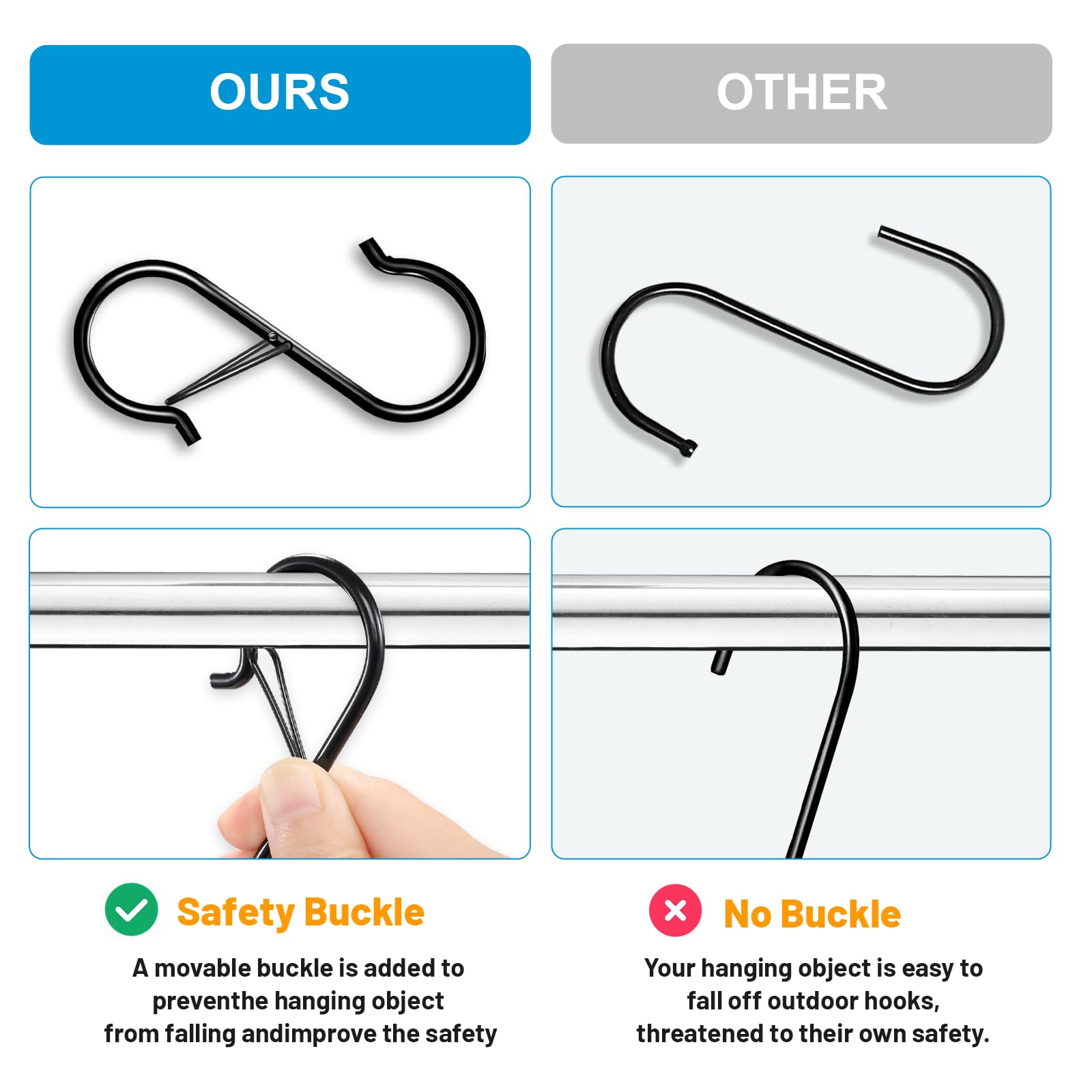 S Hooks with Safety Buckle, 35 Pack Metal S Shaped Hook for Hanging Plants,Pots, Closet, Kitchen Utensil, Clothes, Jeans Christmas Hanging Lights, 3.5 Inch Black
