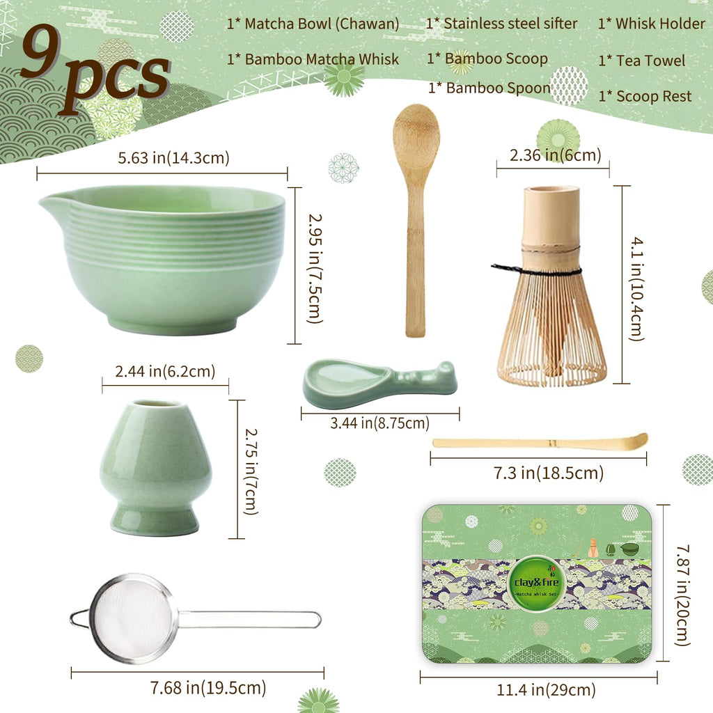 Clay&Fire Matcha Whisk Set, 9 Pcs Ceramic Matcha Set, Matcha Bowl with Spout and Whisk, Matcha Tea Kit for Matcha Lovers, Ideal Gift for Friend