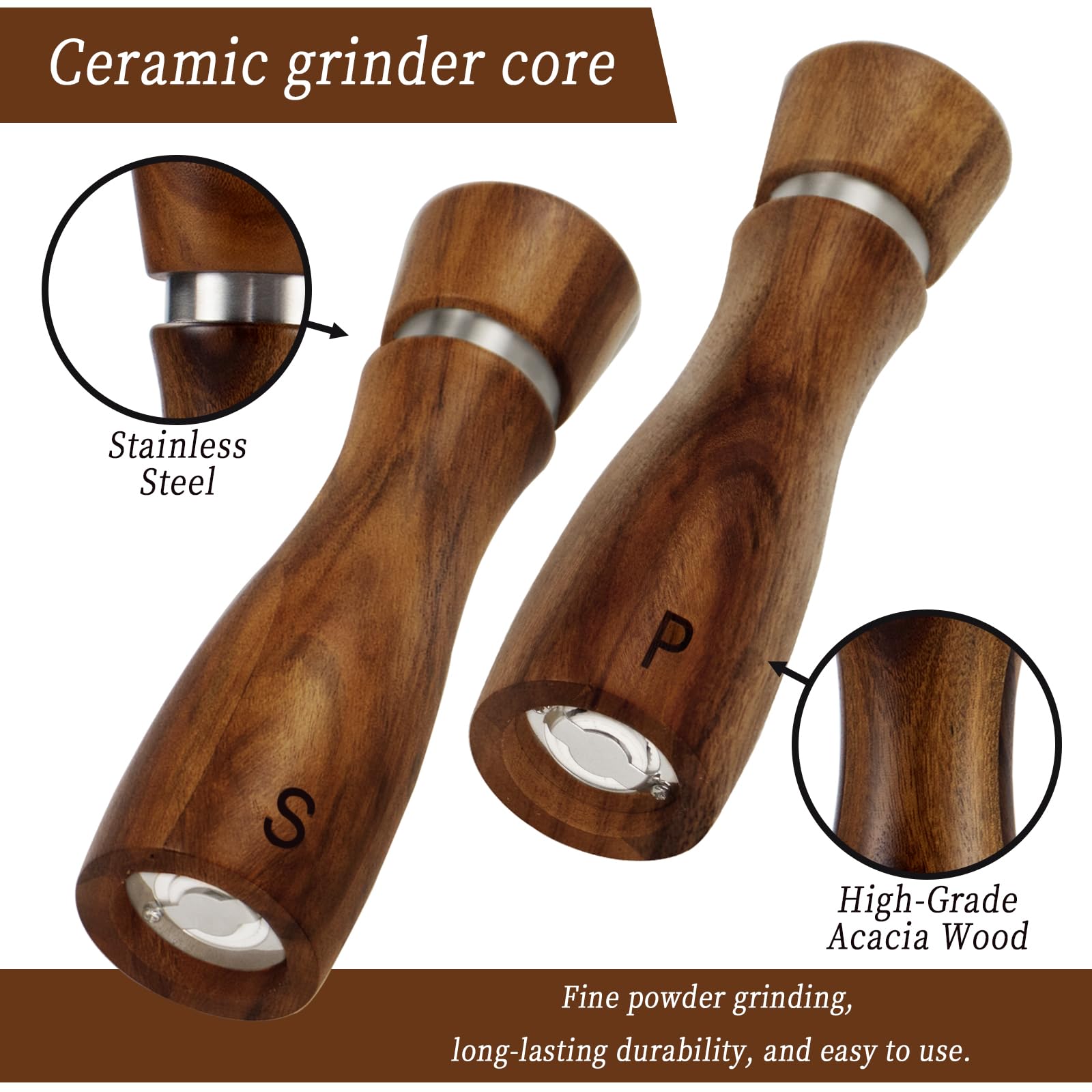 2 Pack Salt and Pepper Grinder Set, Acacia Salt and Pepper Mills Wood Salt Shaker with Ceramic/Stainless Steel Core, Modern and Elegant Wooden Salt and Pepper Mill Set Gifts for Housewarming Kitchen