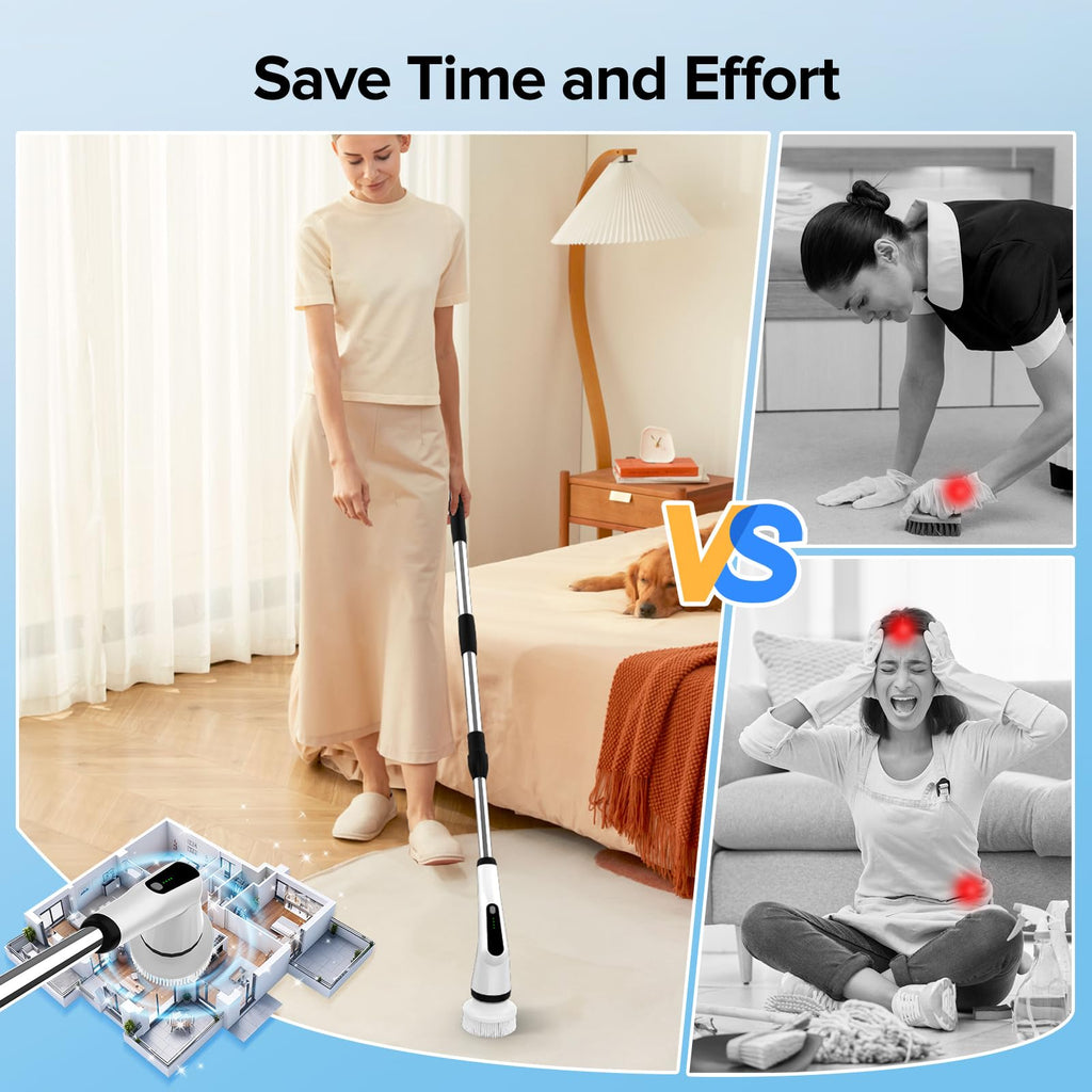 Electric Spin Scrubber, Dreazu IPX7 10-in-1 Bathroom Scrubber， Retractable Handle, 2-Speed Adjustable Shower Cleaner Brush for Bathroom, Bathtub, Kitchen, Tile Floors-White