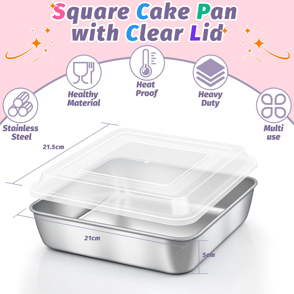 8 x 8 Inch Square Cake Pan with Lid, HaSteeL Baking Sheet with Plastic Cover, Stainless Steel Bakeware Brownie Tin Lasagna Pan, Healthy & Non-Toxic, Matte Finish & Dishwasher Safe, 1 Pan + 1 Lid