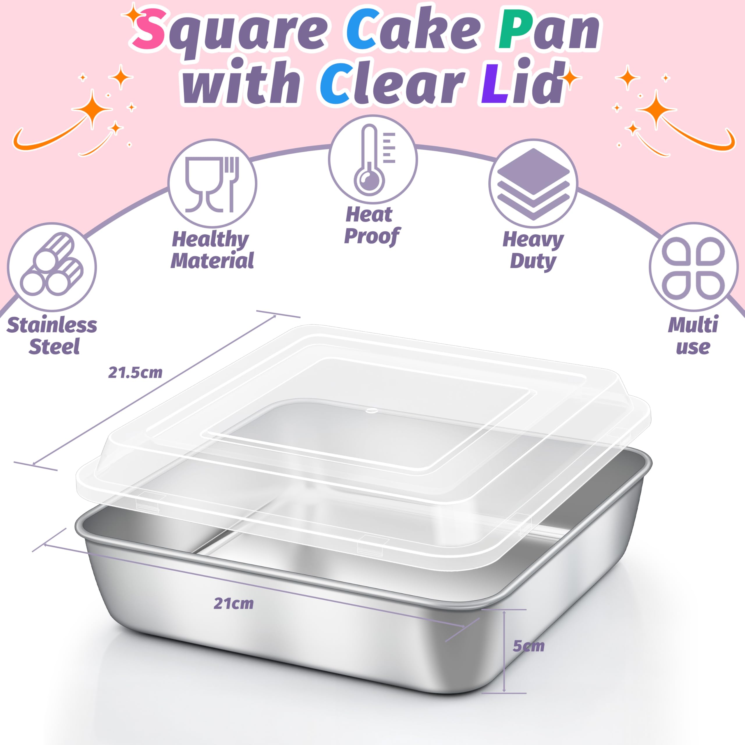 8 x 8 Inch Square Cake Pan with Lid, HaSteeL Baking Sheet with Plastic Cover, Stainless Steel Bakeware Brownie Tin Lasagna Pan, Healthy & Non-Toxic, Matte Finish & Dishwasher Safe, 1 Pan + 1 Lid