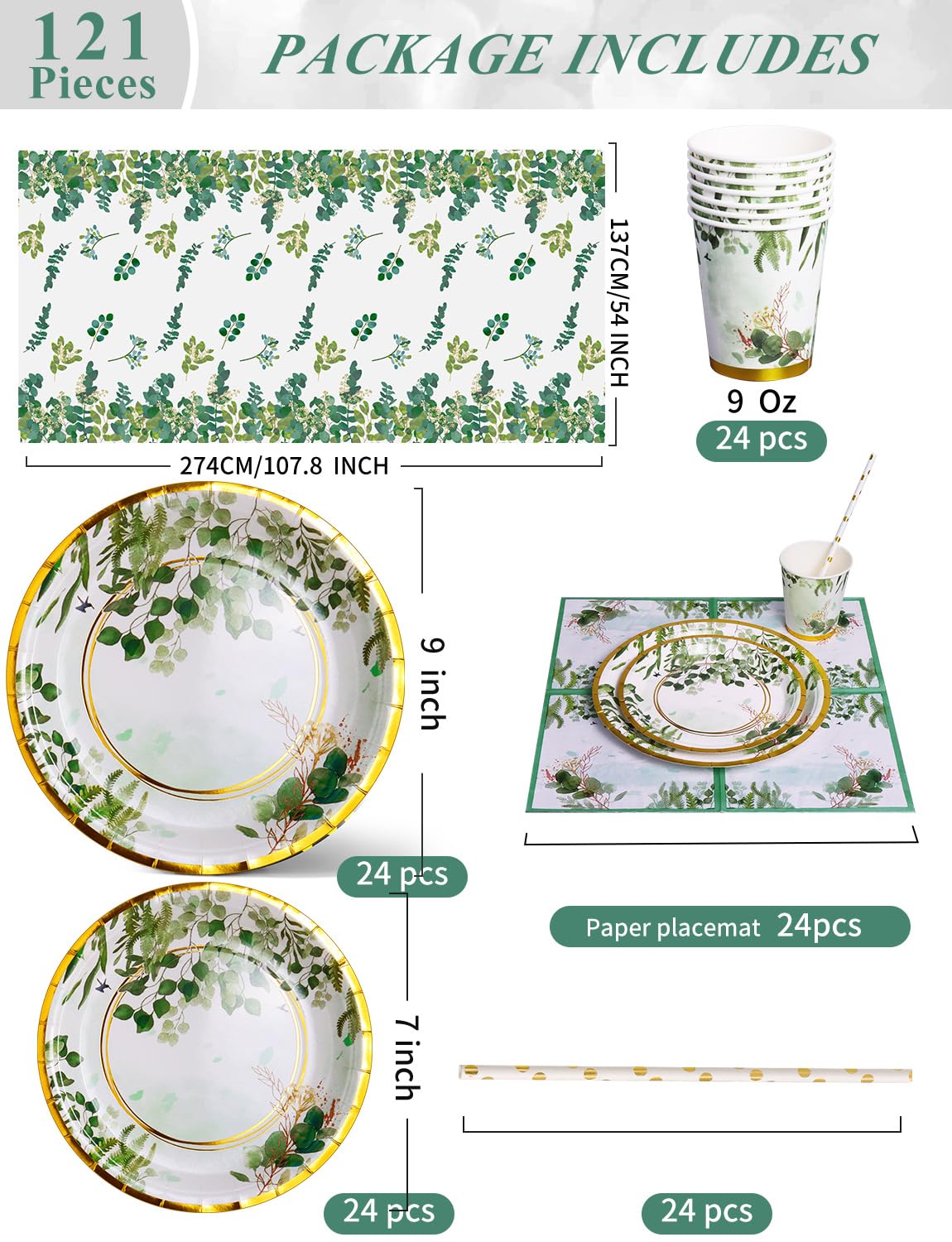 Nkaiso Paper Plates Napkins Cups Set, 121Pcs Sage Green Party Tableware, Birthday Paper Plates Cups Napkins Straws Tableware Set for Party Supplies Wedding Party Decoration -24 Guests