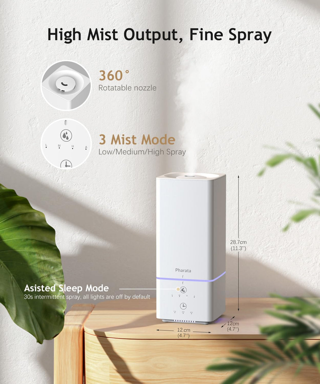 Pharata Humidifiers for Bedroom Home Baby, 2L Top Fill Cool Mist Air Humidifier with 7 Color Atmosphere Light, Small Ultrasonic Quiet Humidifier for Nursery & Plants, (White)