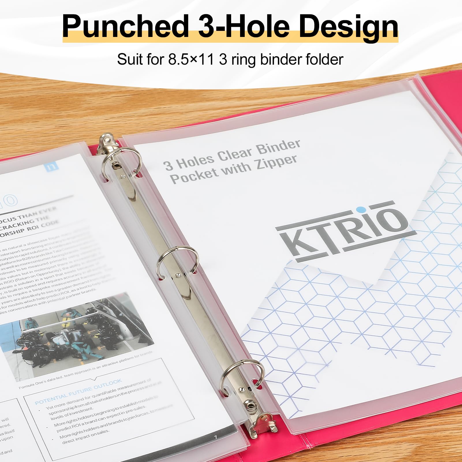 KTRIO Letter Size Binder Pockets 3 Ring Binder Zipper Pouch 12 Pack, 3 Holes Clear PVC Loose Leaf Bags 8.5"×11" Document Folders for Business Office School Supplies
