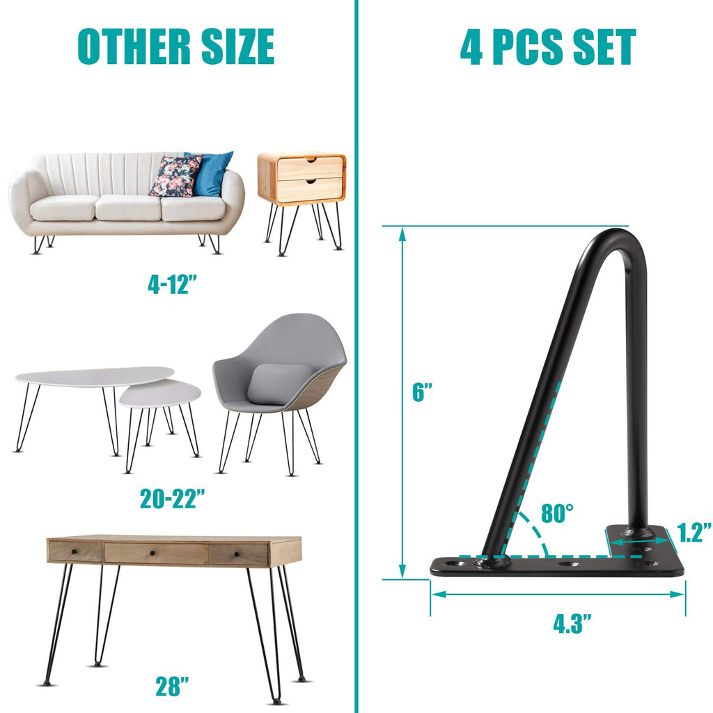 MSOBAIW 6 Inch Hairpin Legs, Heavy Duty Metal Table Legs for Cabinet, Wardrobe, TV Cabinets, Drawers, Nightstand, 3/8" Dia Satin Black Two-Rod Iron Wire for DIY Furniture
