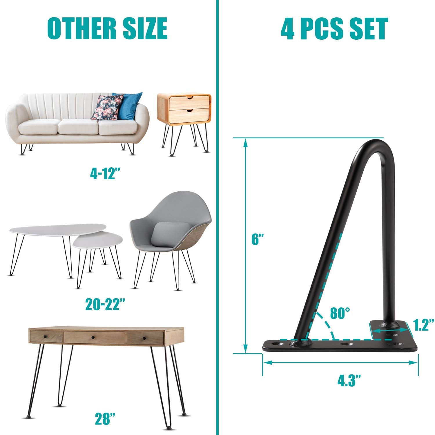 MSOBAIW 6 Inch Hairpin Legs, Heavy Duty Metal Table Legs for Cabinet, Wardrobe, TV Cabinets, Drawers, Nightstand, 3/8" Dia Satin Black Two-Rod Iron Wire for DIY Furniture