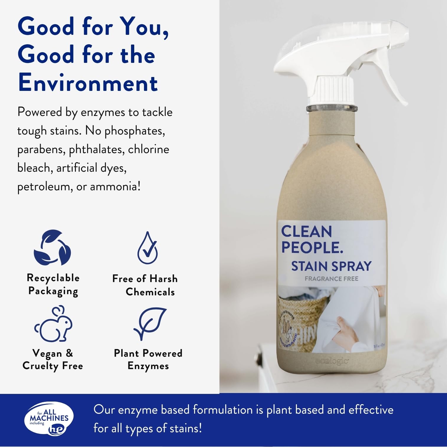THE CLEAN PEOPLE Stain Remover Spray - Natural Plant & Mineral-Based Ingredients - Non-Toxic Laundry Spot Treatment - Boosted with Enzymes - Fabric Safe (16 Fl Oz (Pack of 1))