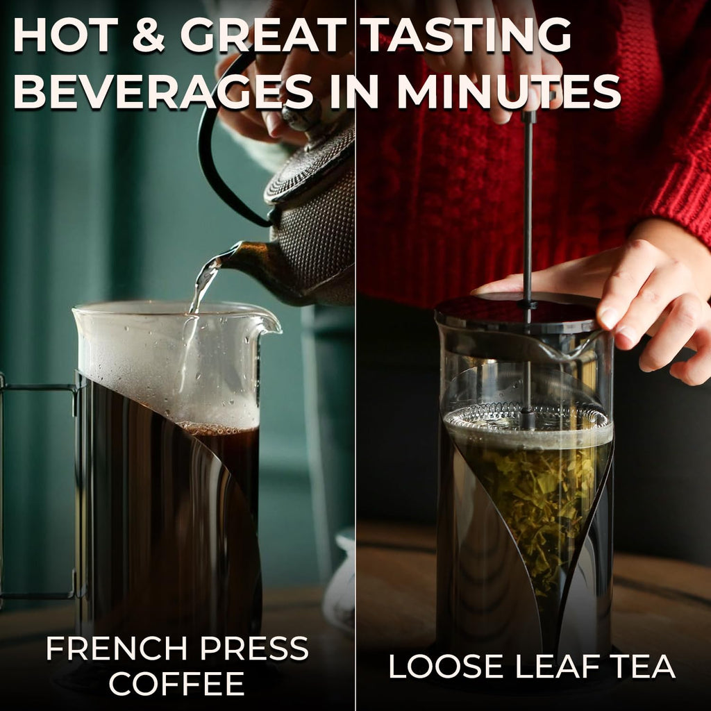 French Press Coffee Maker 34oz – Stainless Steel & Glass Coffee Press with 4-Level Filtration, BPA-Free Cafetiere for Camping or Home – Large, Durable for Hot & Cold Brew