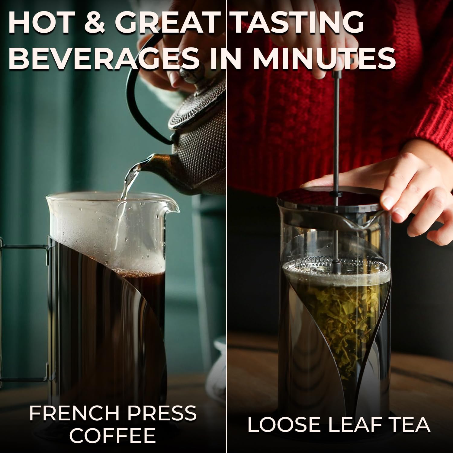 French Press Coffee Maker 34oz – Stainless Steel & Glass Coffee Press with 4-Level Filtration, BPA-Free Cafetiere for Camping or Home – Large, Durable for Hot & Cold Brew