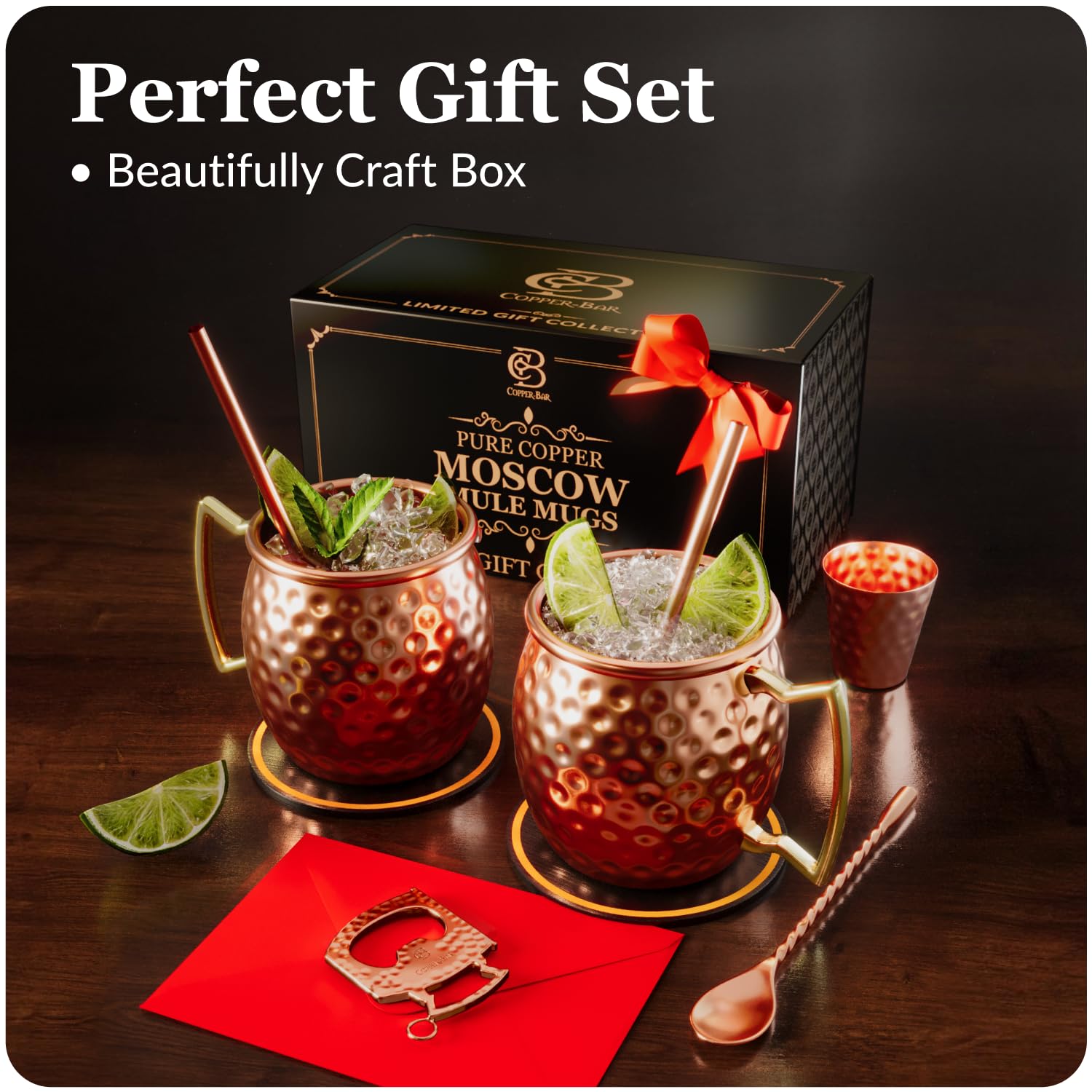 COPPER-BAR Moscow Mule Copper Mugs - Unique HANDCRAFTED Gift Set of 2, Hammered by Artisan, 100% Pure Solid Copper Cups 16oz for Drinking Water & Cocktails, Include 13 Pcs accessories & Special Opener
