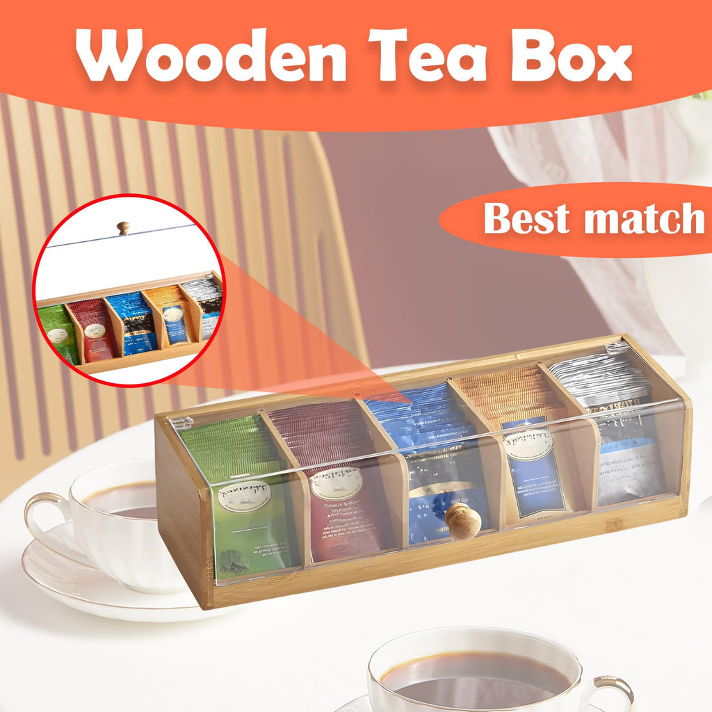 Bamboo Tea Bag Organizer, Bamboo Tea Box with 5 Compartments, Tea Storage Organizer Holder Box with Acrylic Window for Teabags, Countertop TeaStation Organizer for Home Kitchen Office Cabinet Pantry