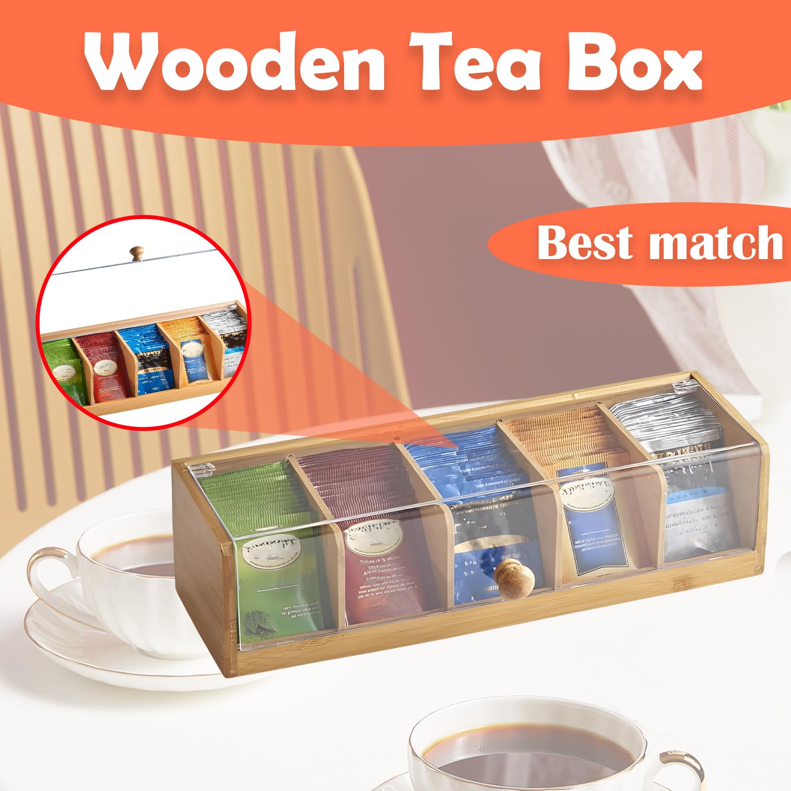 Bamboo Tea Bag Organizer, Bamboo Tea Box with 5 Compartments, Tea Storage Organizer Holder Box with Acrylic Window for Teabags, Countertop TeaStation Organizer for Home Kitchen Office Cabinet Pantry