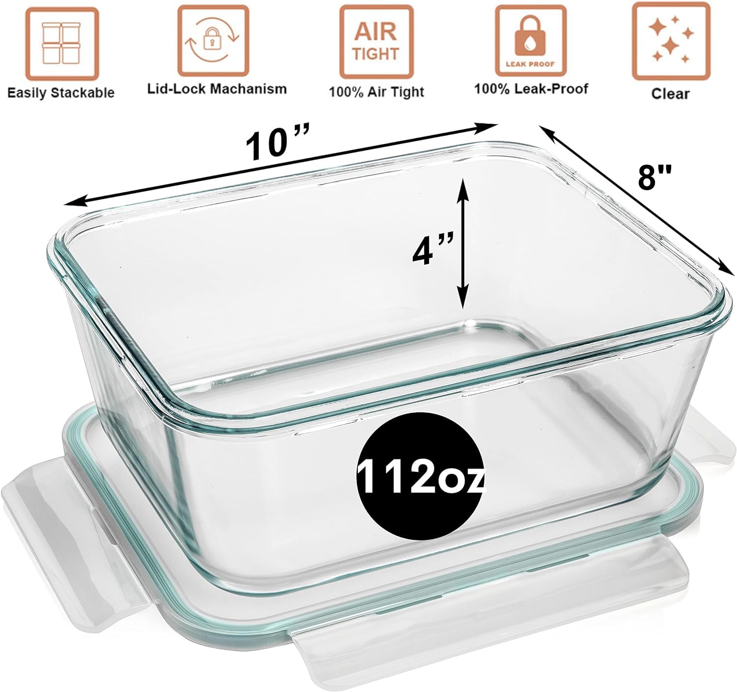 Razab 3300 Ml / 112 Oz Large Glass Container Food Storage with Lids - Leakproof, BPA-Free Large Meal Prep Container Ideal for Roasting Turkey, Store Leftover - Microwave & Oven Safe