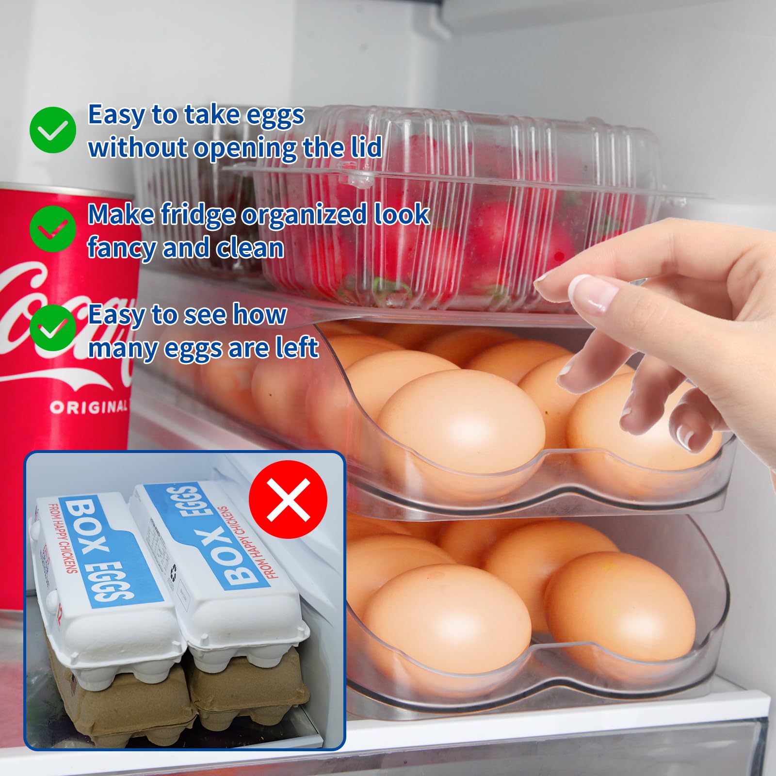 MesRosa Egg Holder for Fridge, Automatic Rolling Egg Organizer for Refrigerator, Clear Plastic Egg Container & Tray, Stackable Dispenser and Storage Bin with Sturdy Lid to Saving Space -2 Layer