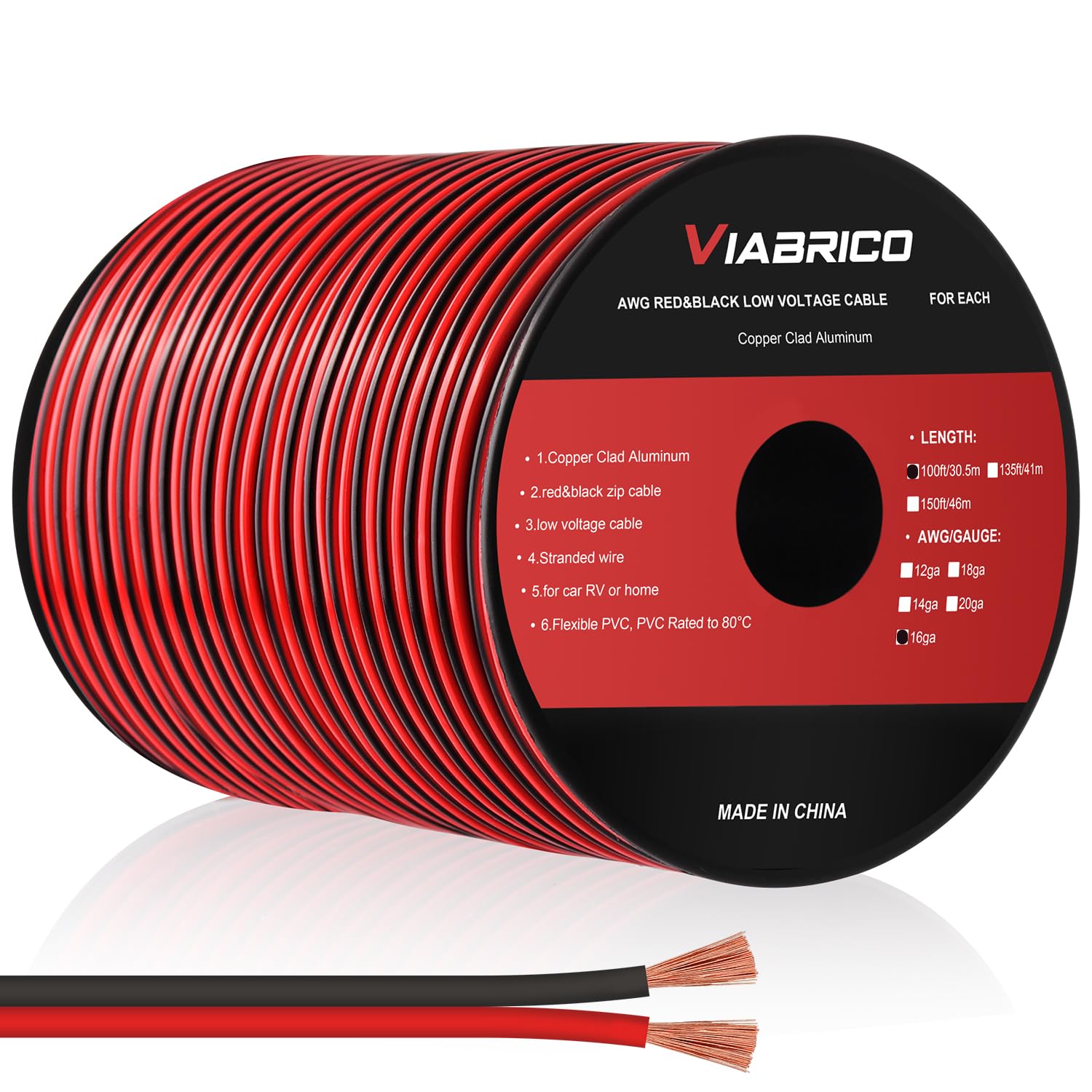 VIABRICO 16 AWG Gauge Electrical Wire, 100FT 2 Conductor Red Black Hookup Cable for 12V/24V DC LED Strips, Landscape, Marine, Car Speaker, Automotive