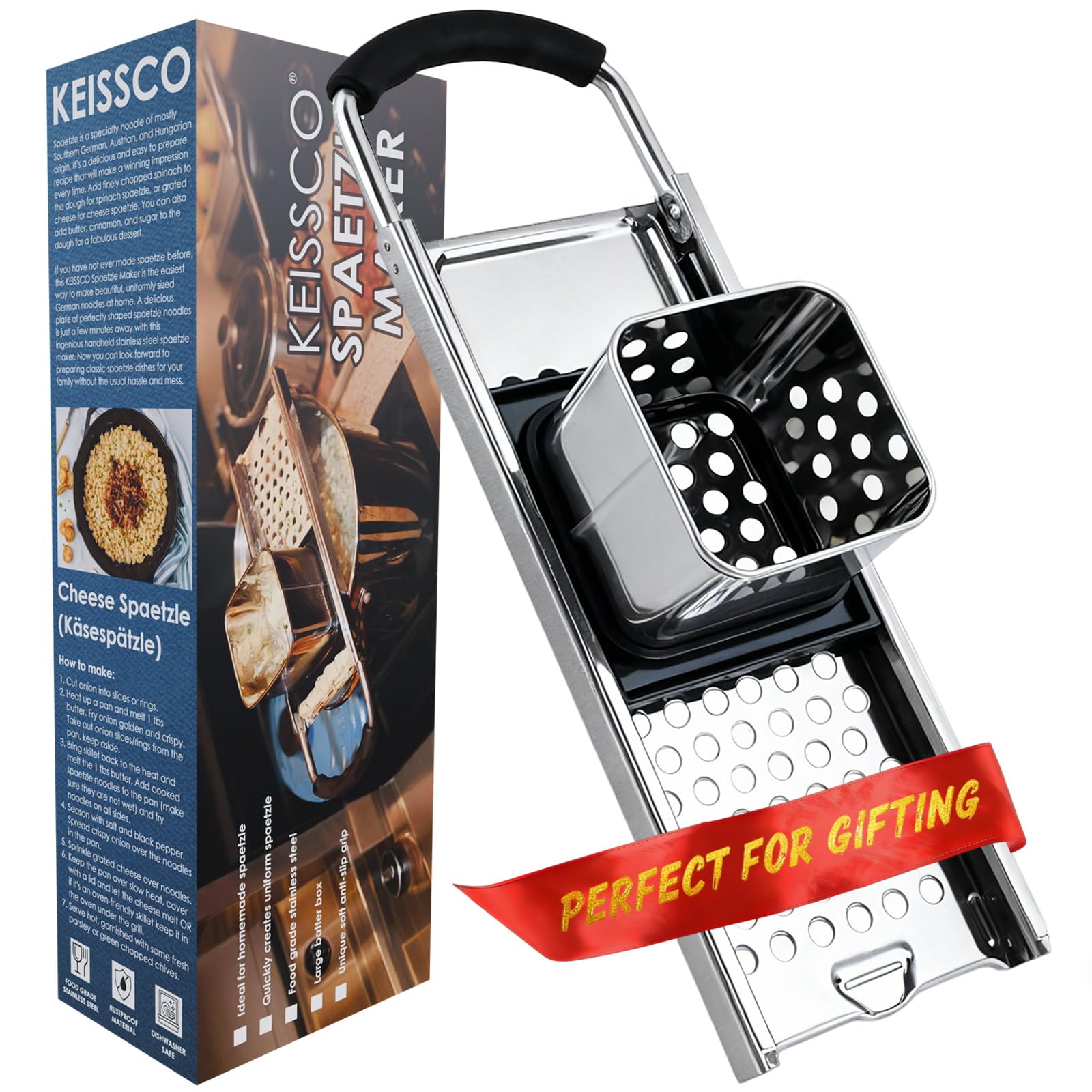 Premium Grade Stainless Steel Spaetzle Maker with Comfort Grip Handle Traditional German Egg Noodle Maker with Gift Box