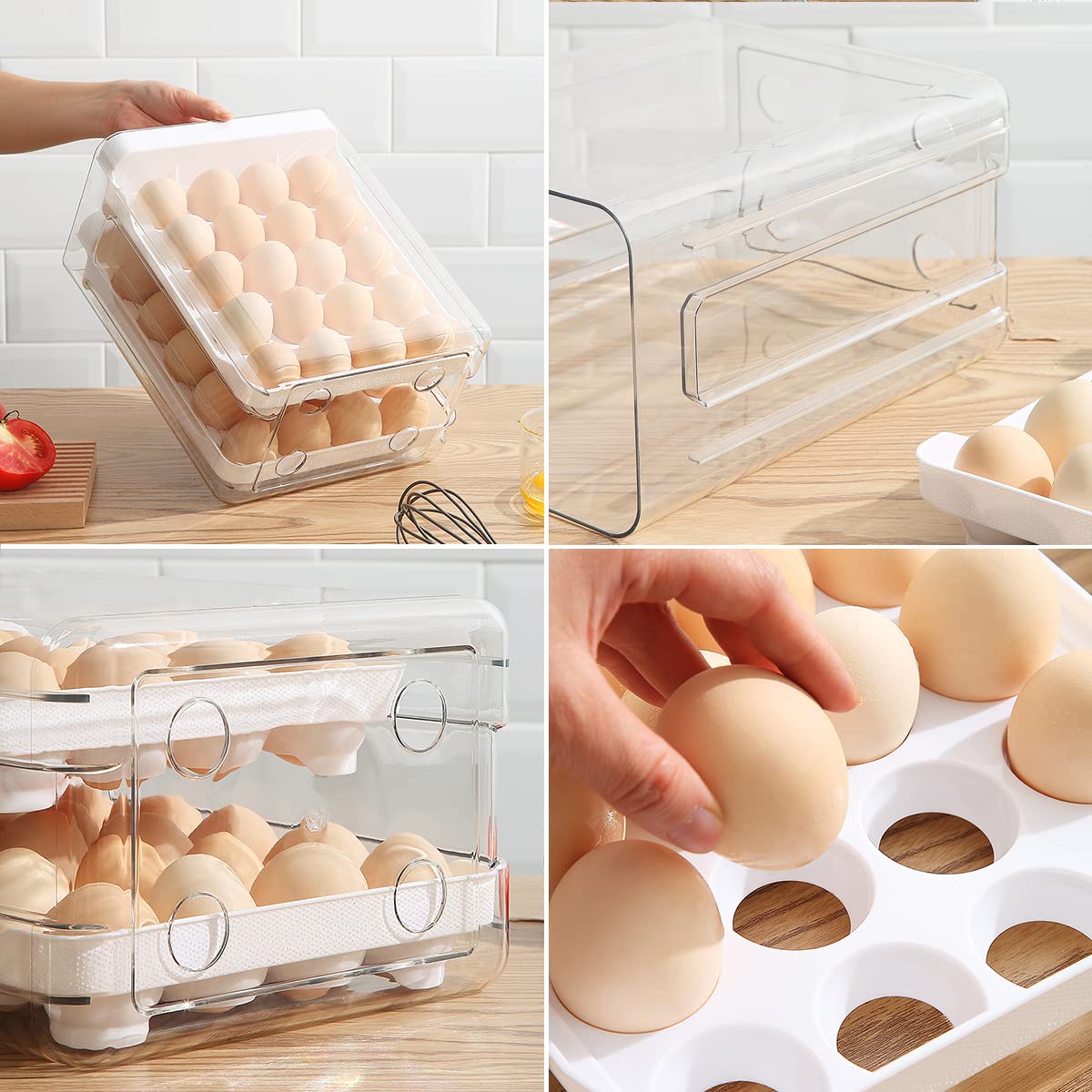 HOMQUEN Egg Container for Refrigerator, 40 Grid/2 Layer Egg Holder for Refrigerator, Egg Drawer for Refrigerator, Egg Fresh Storage Box for Fridge, Egg Tray & Egg Storage, Clear Plastic (Pack of 1)