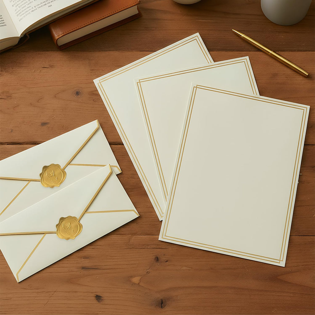 Acidea 150 Pieces Stationery Set with Gold Border, Luxury Gold Border Business Envelopes Letter Writing Paper Stickers, Letter Paper and Envelopes Set for Birthday Wedding Invitation Love Letters