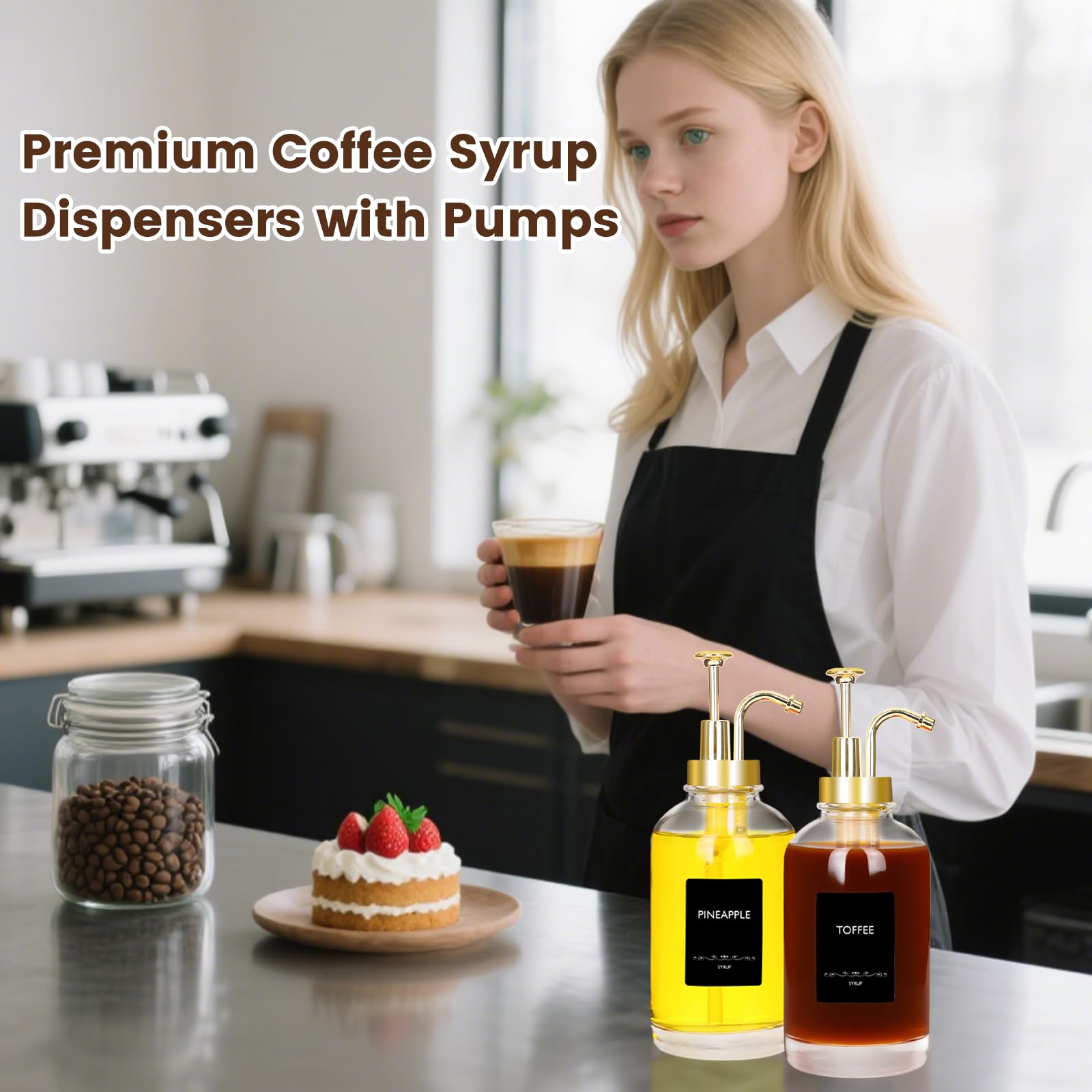 16.9oz Coffee Syrup Dispenser 4Pack- Glass Syrup Dispenser Kit for Coffee Bar Accessories for Home Coffee Bar/Premium Labeled Barista Kit, Gold