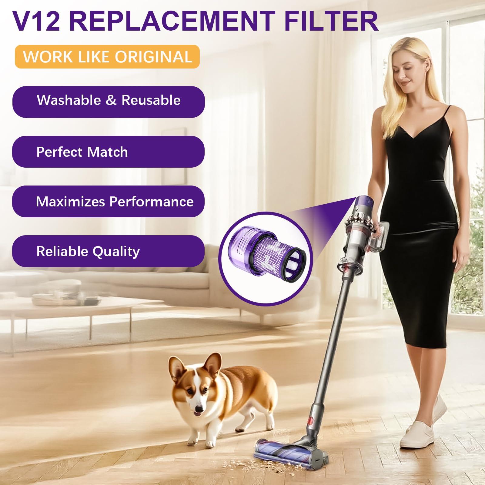 3 Pack V12 Filter Replacements for Dyson V12 Detect Slim, V12 Cordless Vacuum Filter Replacement and V12 Slim Absolute Vacuums, SV34, SV35, Vacuum Cleaner Filter Replacement, Part No. 971517-01
